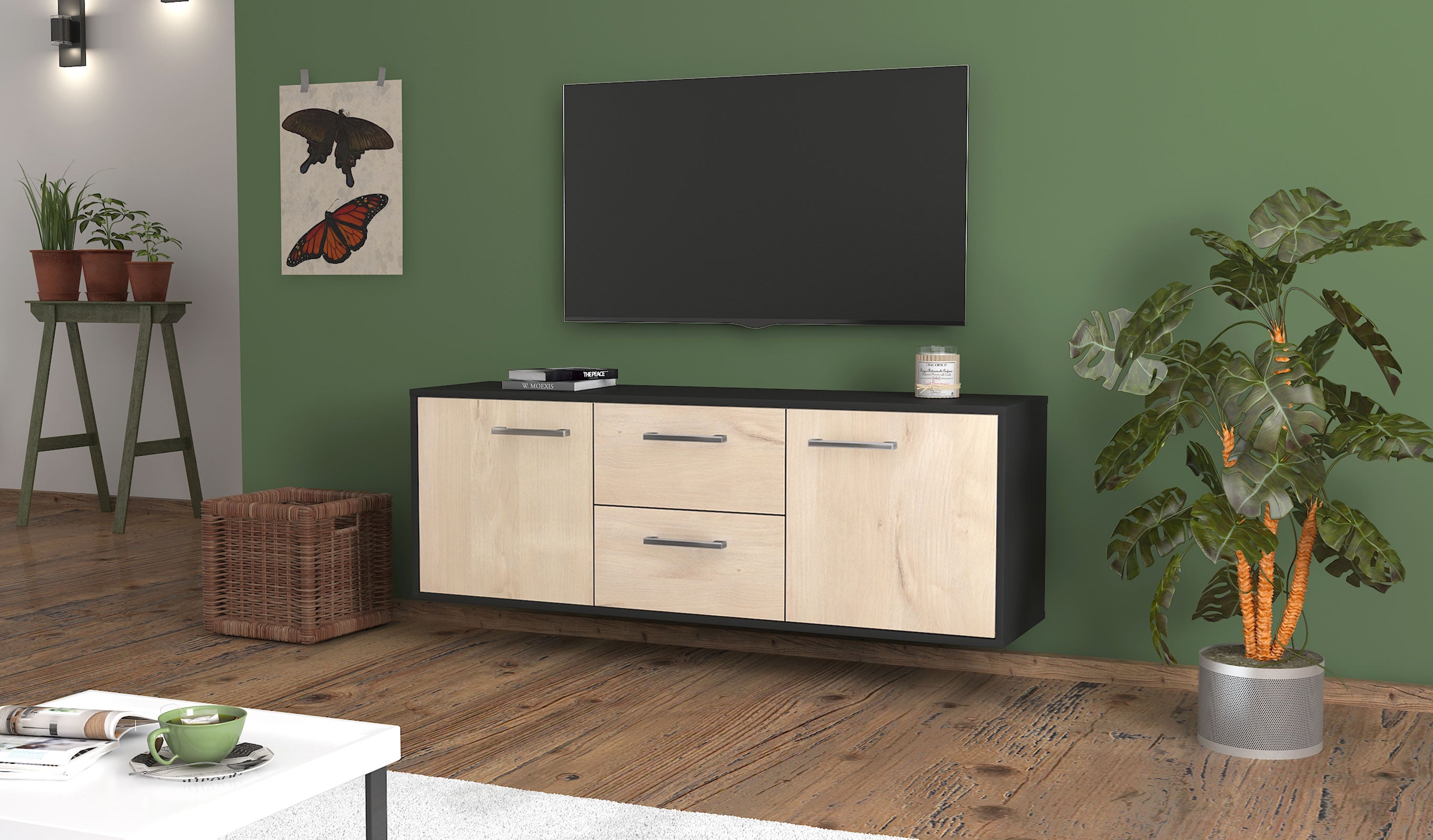 Lowboard - Alma - Design Holzdekor - Wandmontage mit Griffe 136 cm Anthrazit