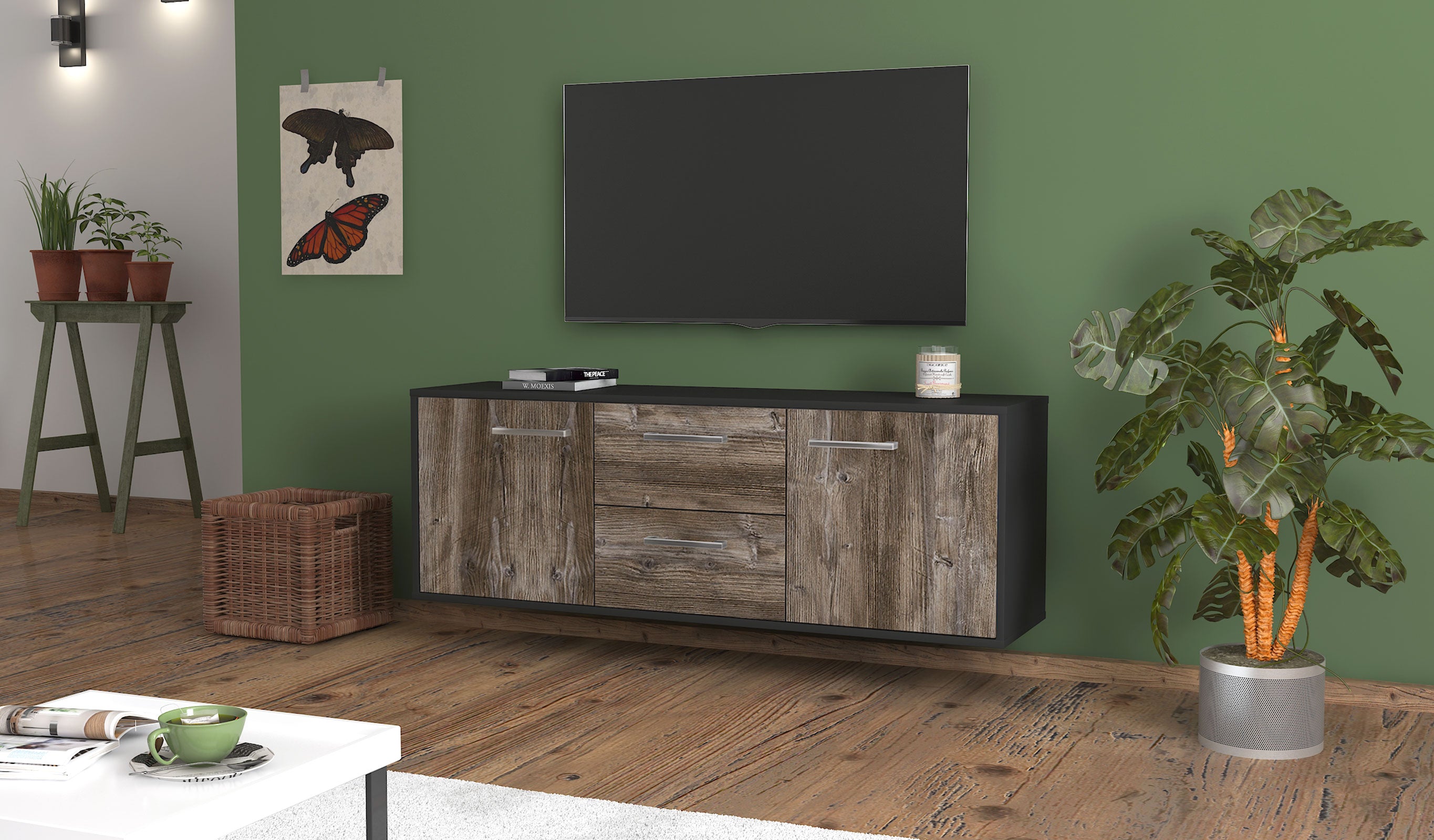 Lowboard - Alma - Design Holzdekor - Wandmontage mit Griffe 136 cm Anthrazit