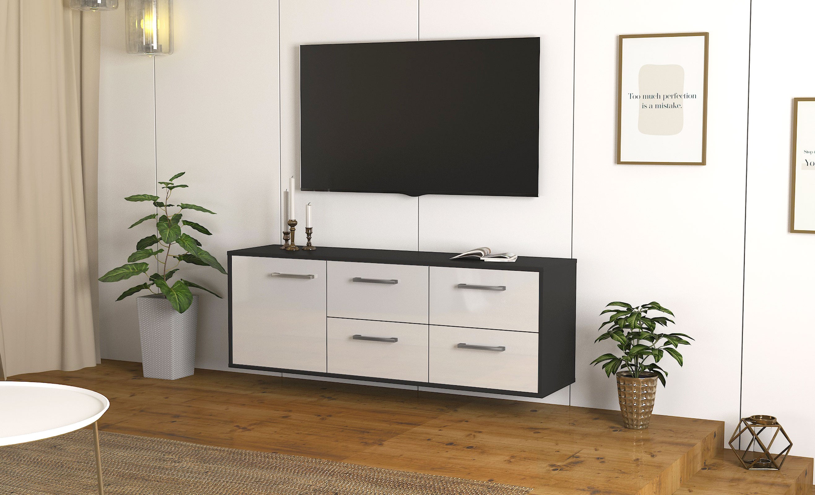 Lowboard - Aloisia - Design Hochglanz - Wandmontage mit Griffe 136 cm Anthrazit