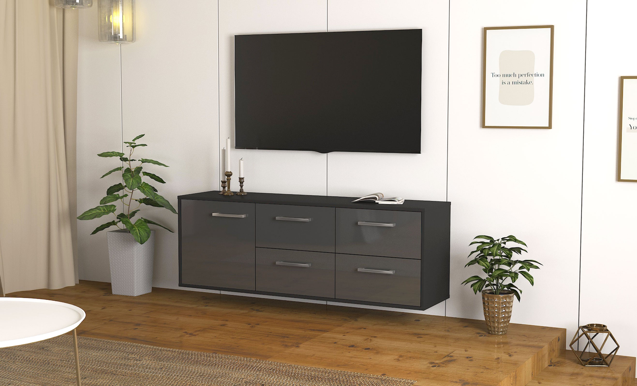 Lowboard - Aloisia - Design Hochglanz - Wandmontage mit Griffe 136 cm Anthrazit