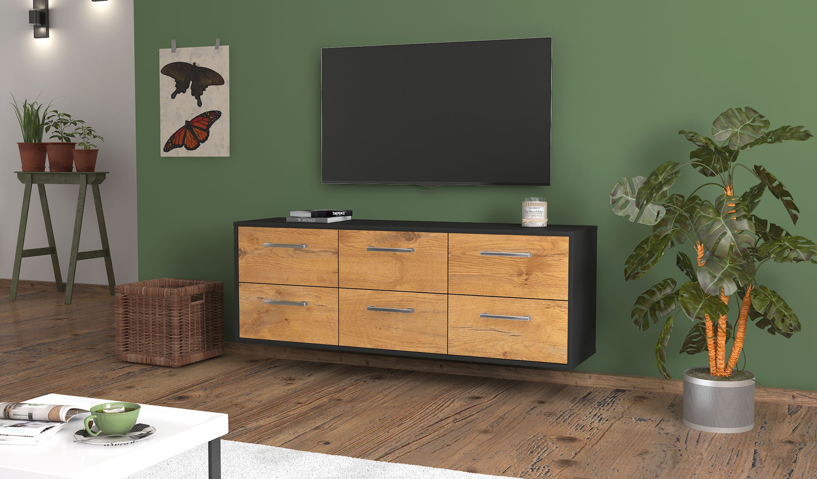 Lowboard - Alva - Design Holzdekor - Wandmontage mit Griffe 136 cm Anthrazit