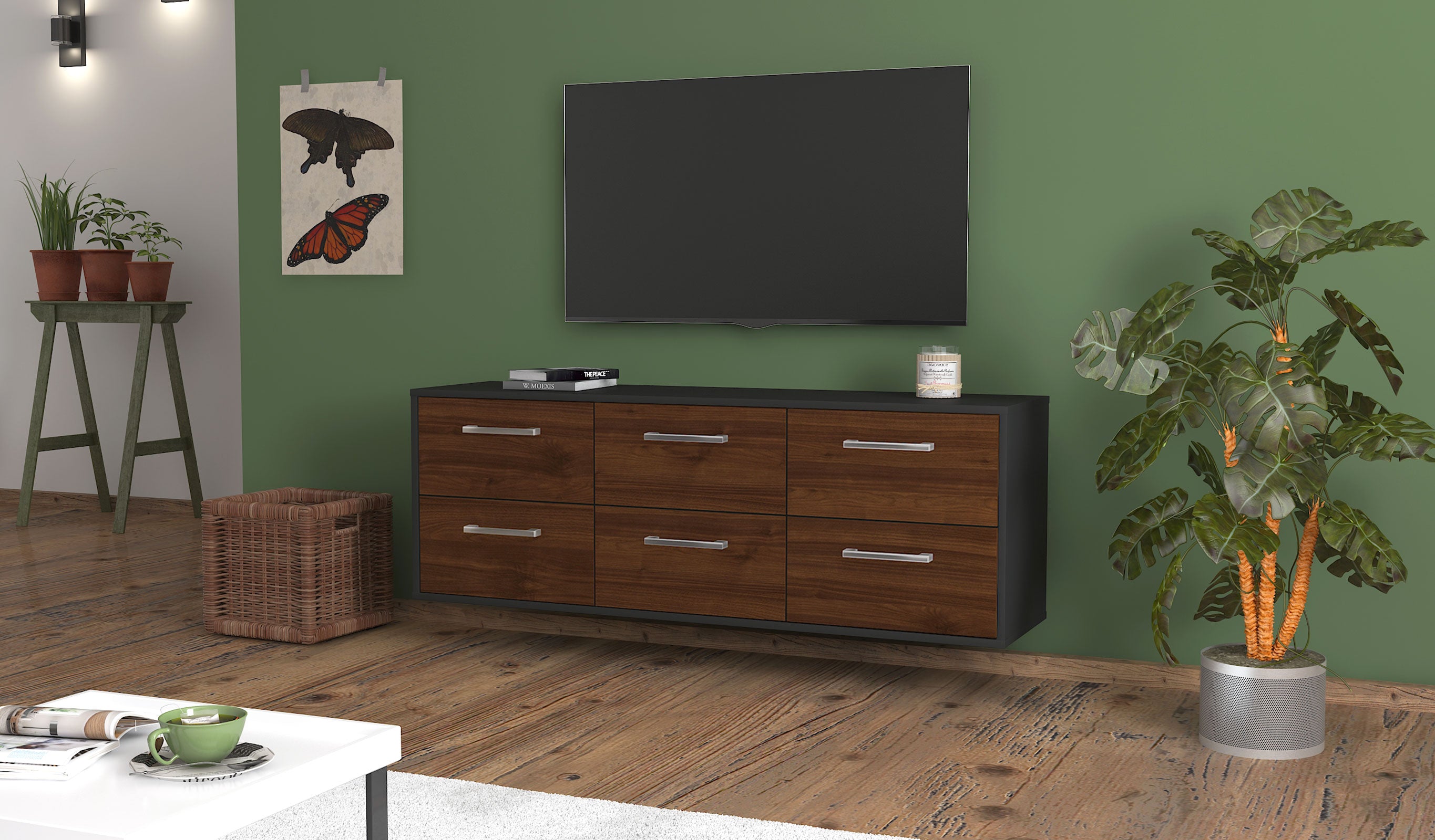 Lowboard - Alva - Design Holzdekor - Wandmontage mit Griffe 136 cm Anthrazit