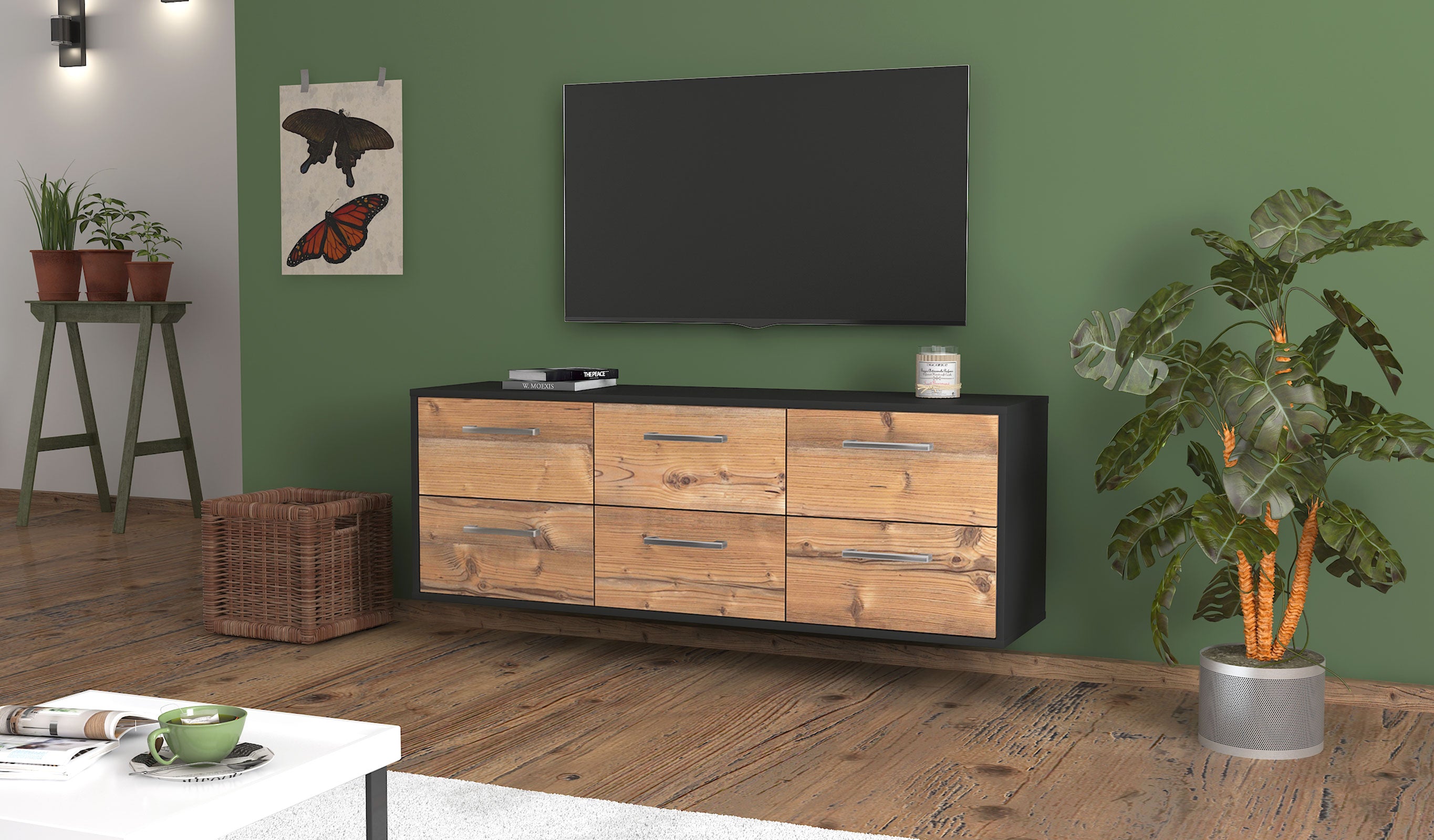 Lowboard - Alva - Design Holzdekor - Wandmontage mit Griffe 136 cm Anthrazit