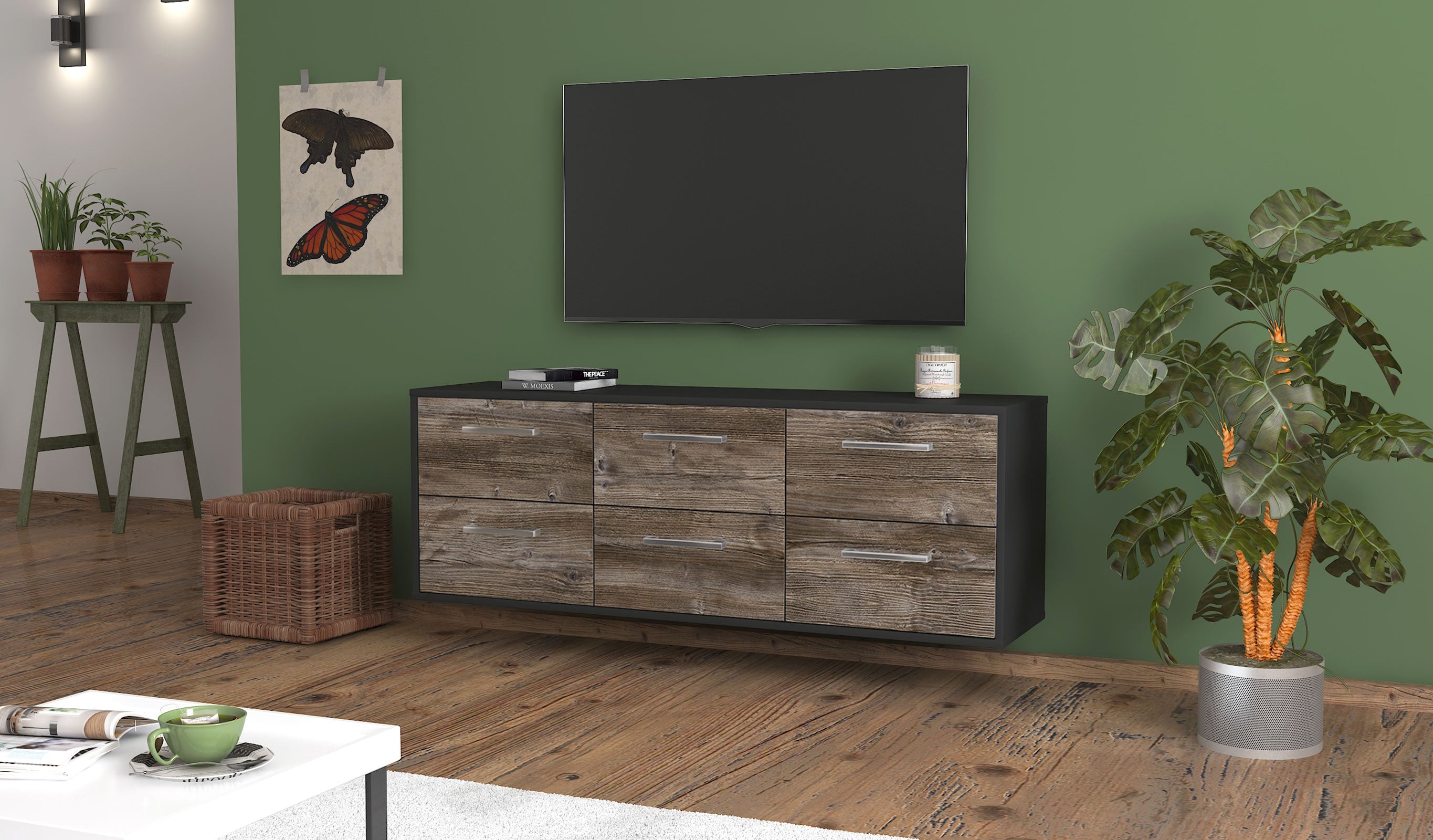 Lowboard - Alva - Design Holzdekor - Wandmontage mit Griffe 136 cm Anthrazit