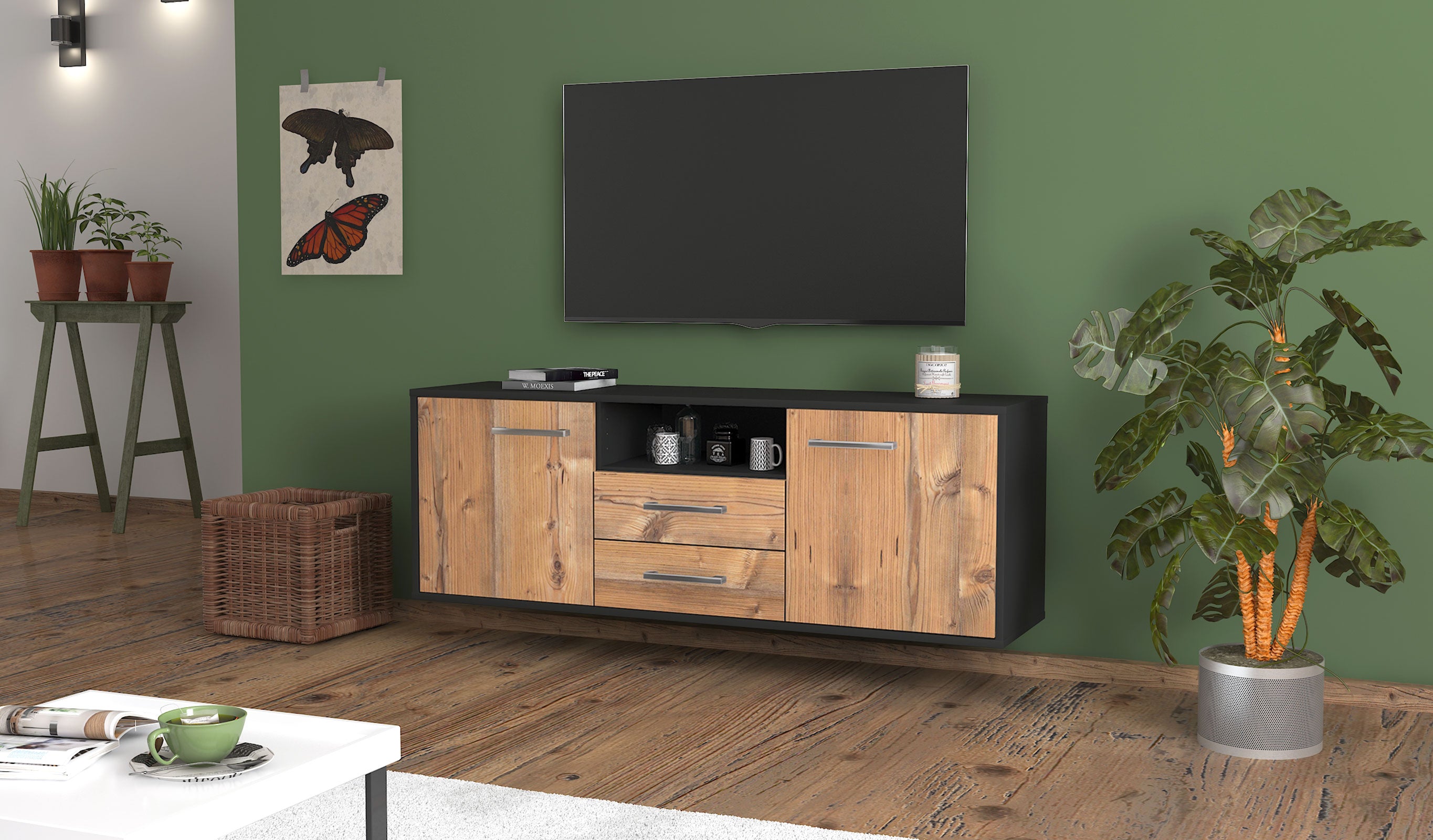 Lowboard - Ameriga - Design Holzdekor - Wandmontage mit Griffe 136 cm Anthrazit