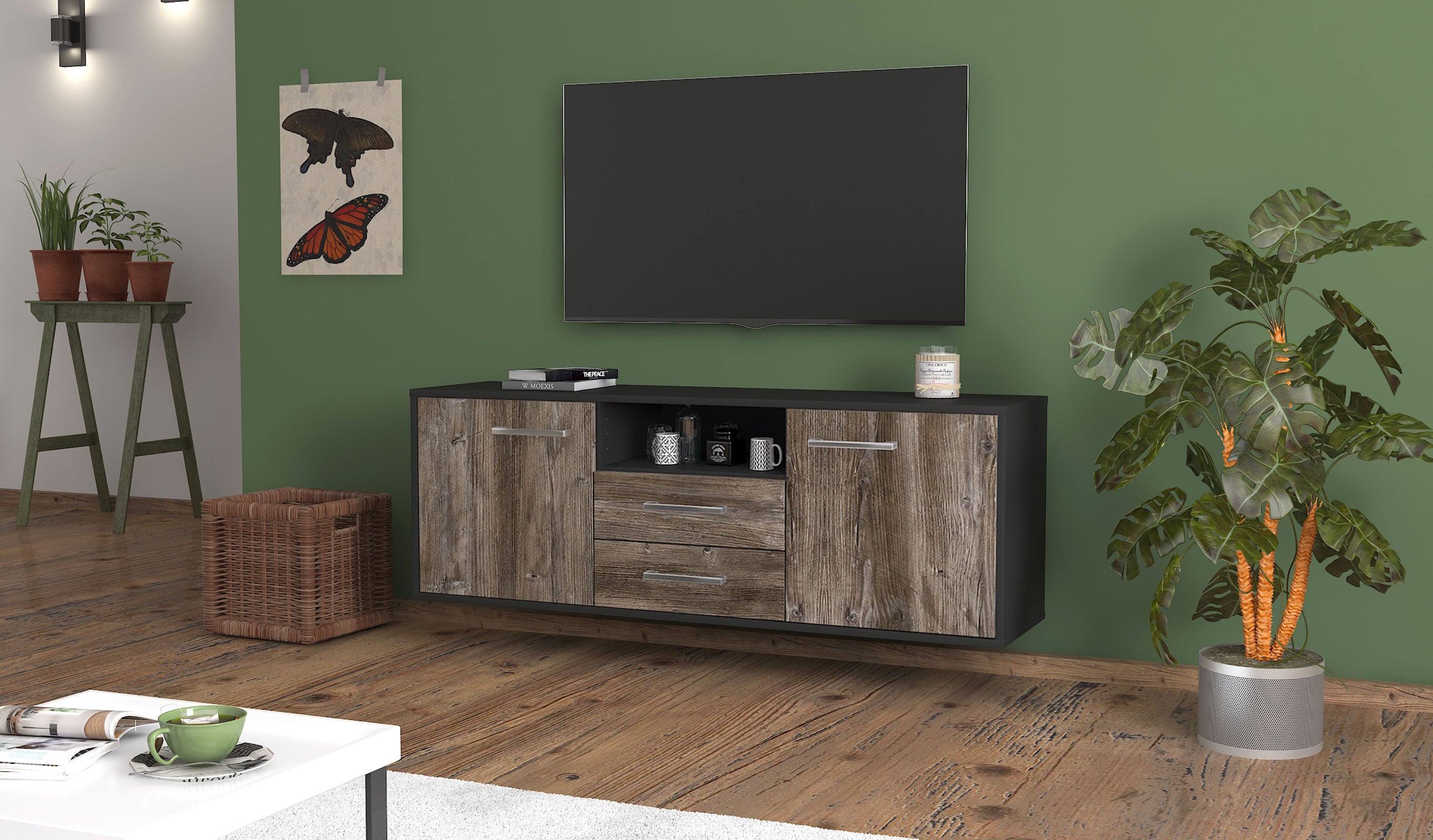 Lowboard - Ameriga - Design Holzdekor - Wandmontage mit Griffe 136 cm Anthrazit