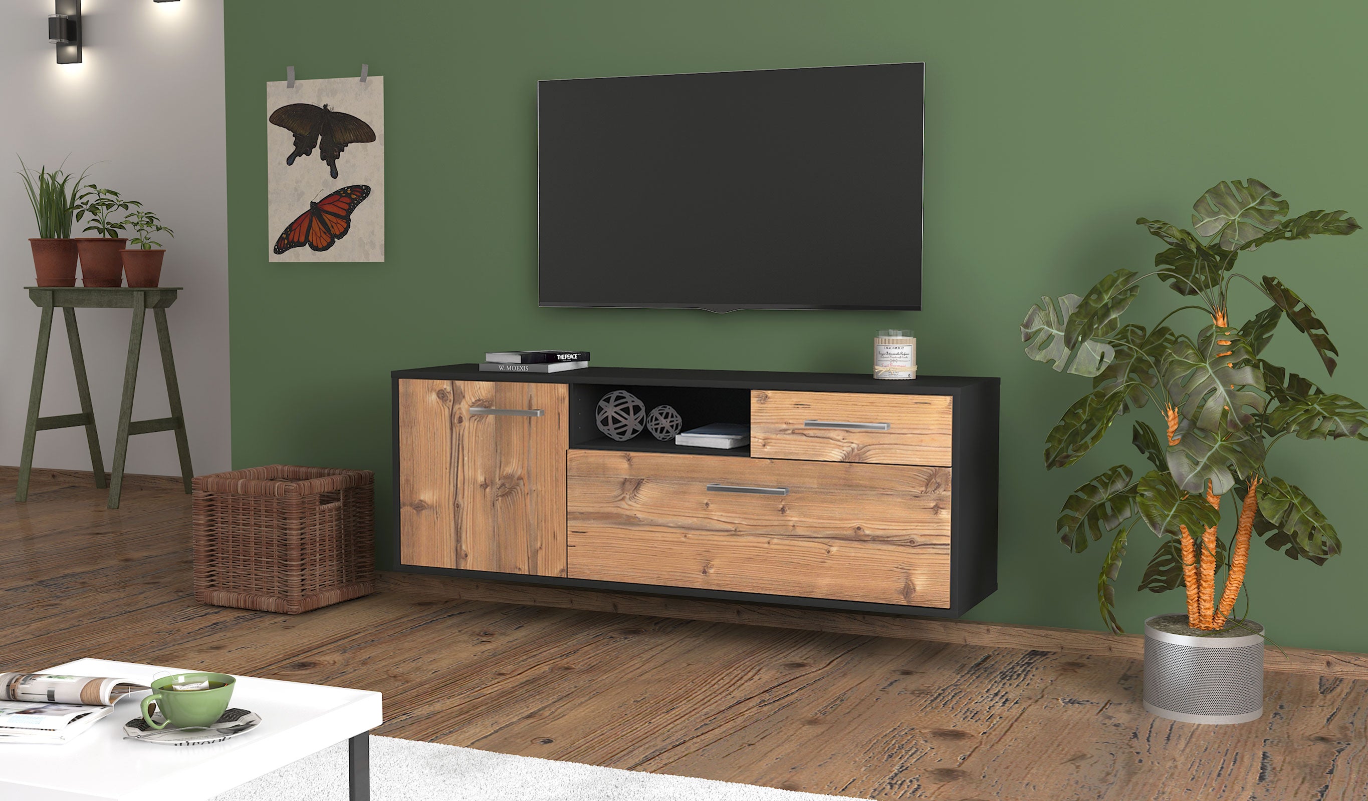 Lowboard - Amila - Design Holzdekor - Wandmontage mit Griffe 136 cm Anthrazit