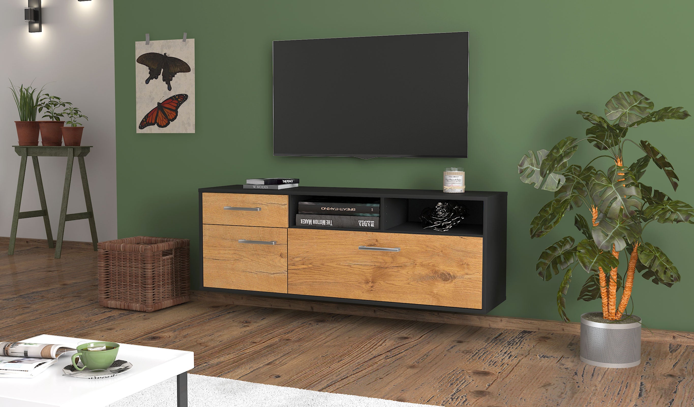 Lowboard - Amisa - Design Holzdekor - Wandmontage mit Griffe 136 cm Anthrazit