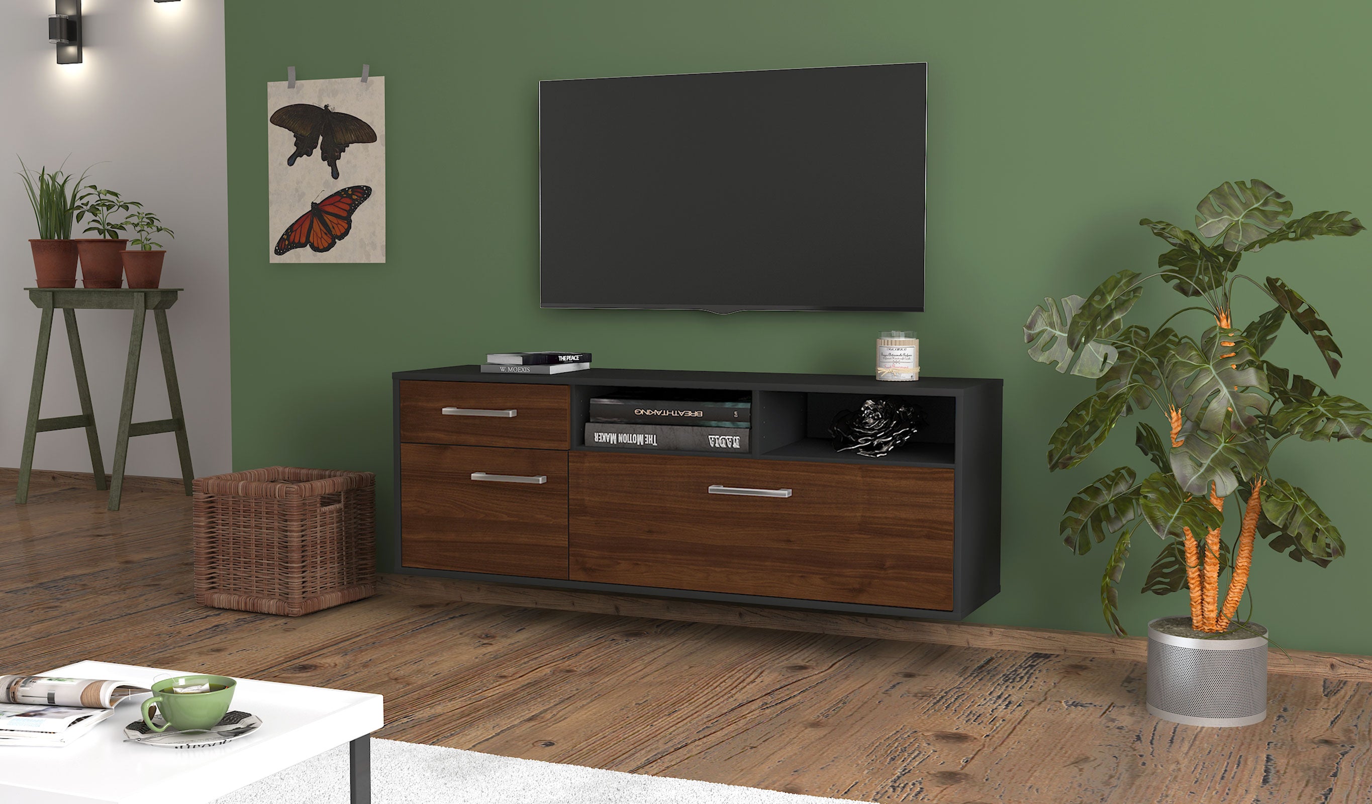 Lowboard - Amisa - Design Holzdekor - Wandmontage mit Griffe 136 cm Anthrazit