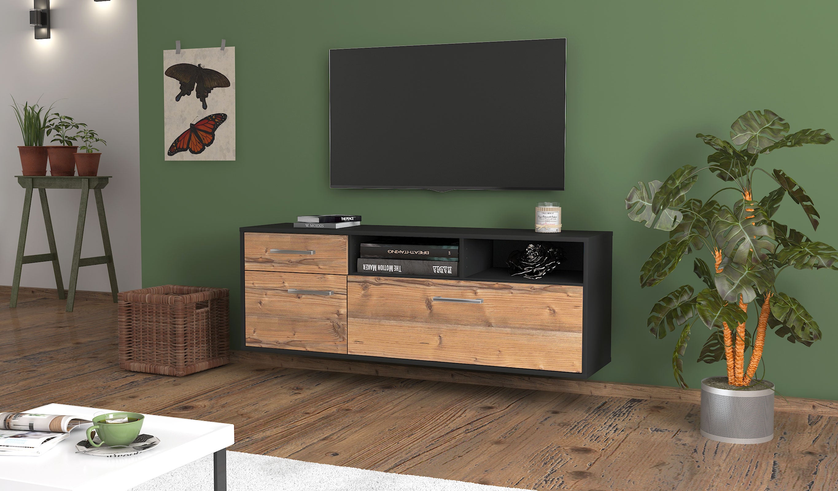 Lowboard - Amisa - Design Holzdekor - Wandmontage mit Griffe 136 cm Anthrazit