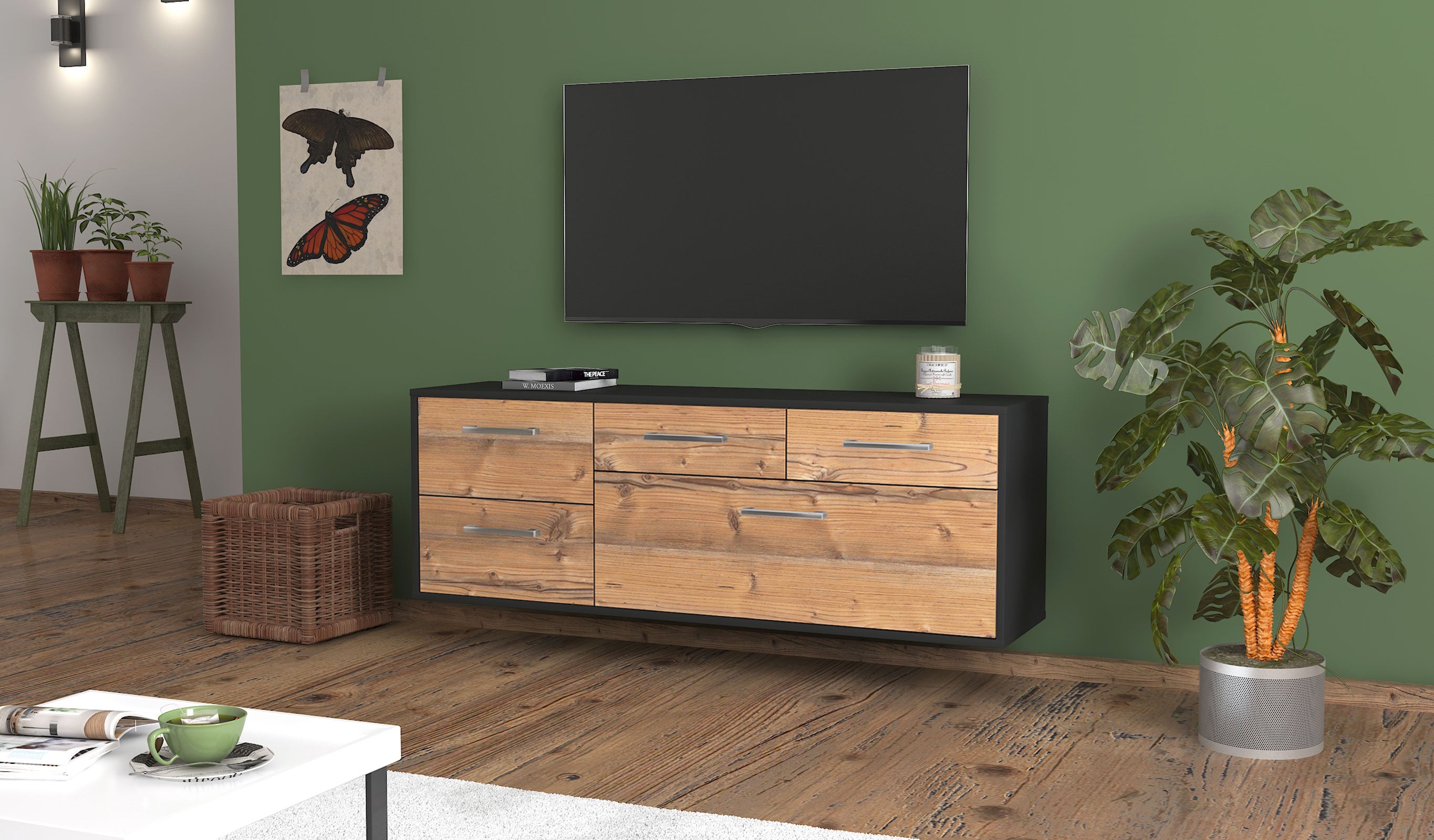 Lowboard - Anais - Design Holzdekor - Wandmontage mit Griffe 136 cm Anthrazit