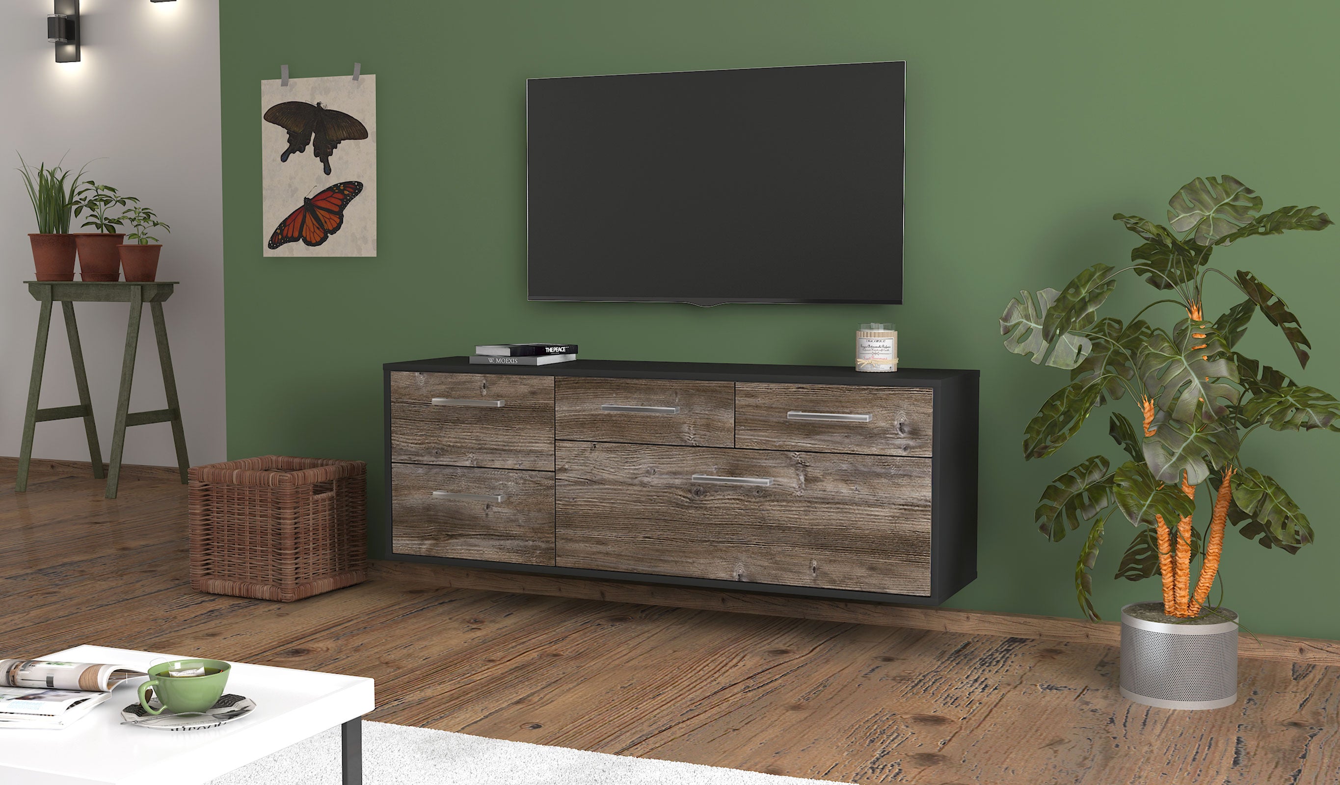 Lowboard - Anais - Design Holzdekor - Wandmontage mit Griffe 136 cm Anthrazit