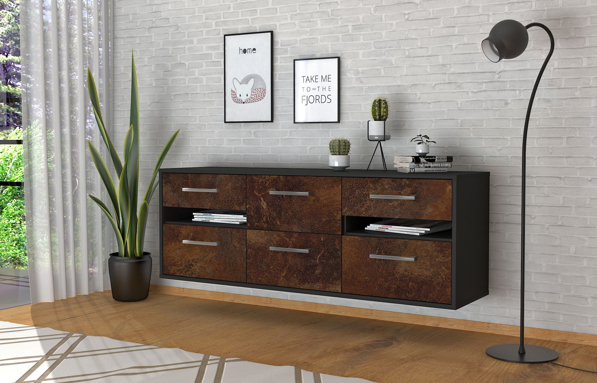 Lowboard - Andrea - Design Industrie Stil - Wandmontage mit Griffe 136 cm Anthrazit