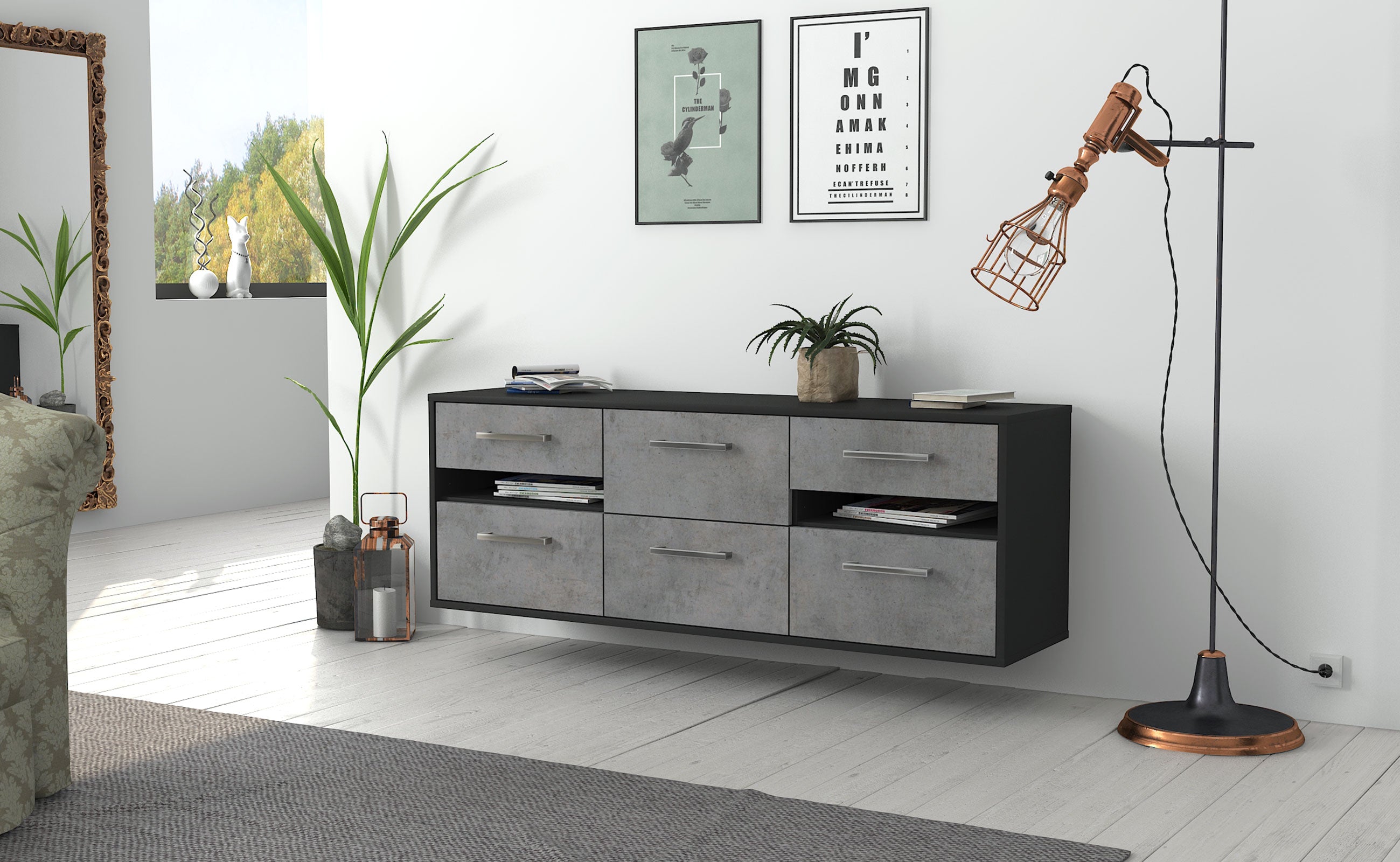 Lowboard - Andrea - Design Industrie Stil - Wandmontage mit Griffe 136 cm Anthrazit