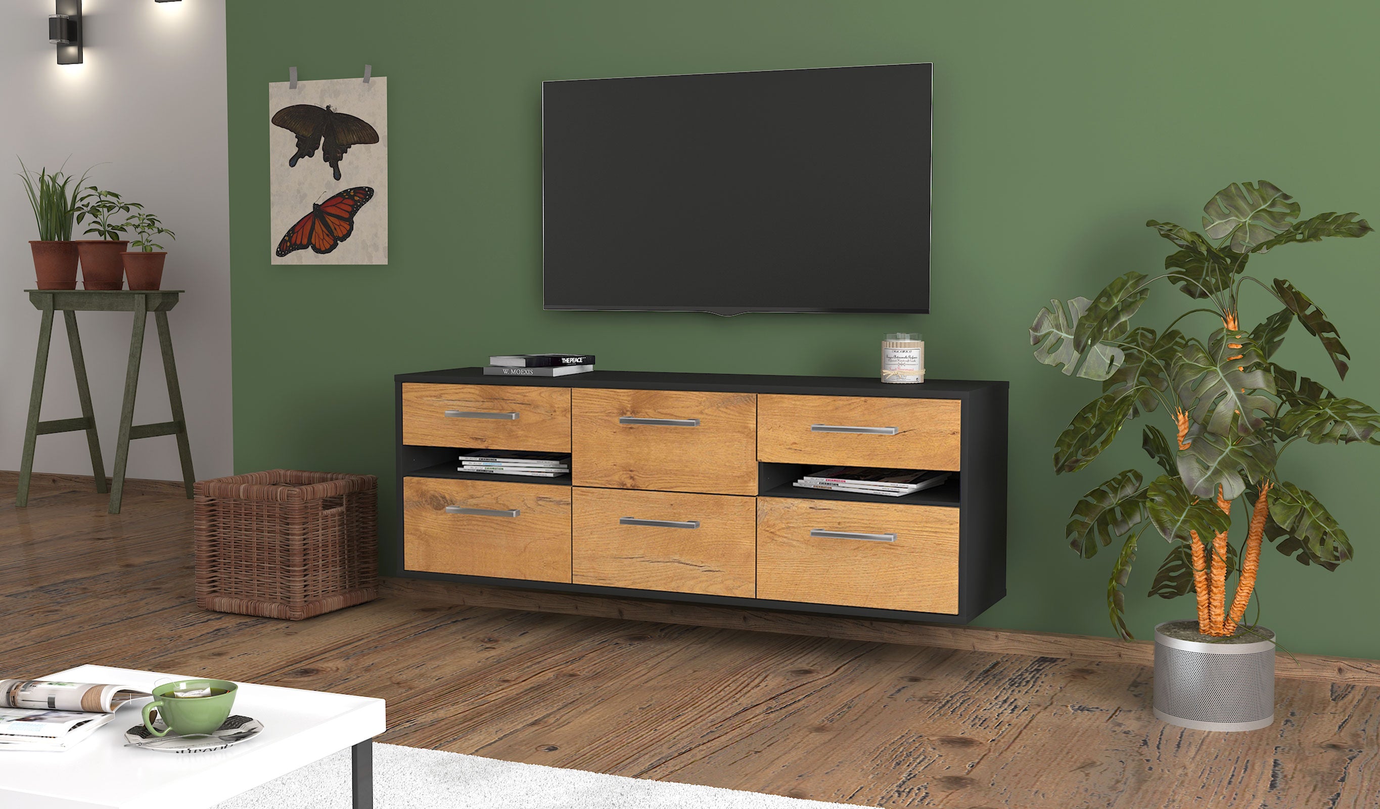 Lowboard - Andrea - Design Holzdekor - Wandmontage mit Griffe 136 cm Anthrazit