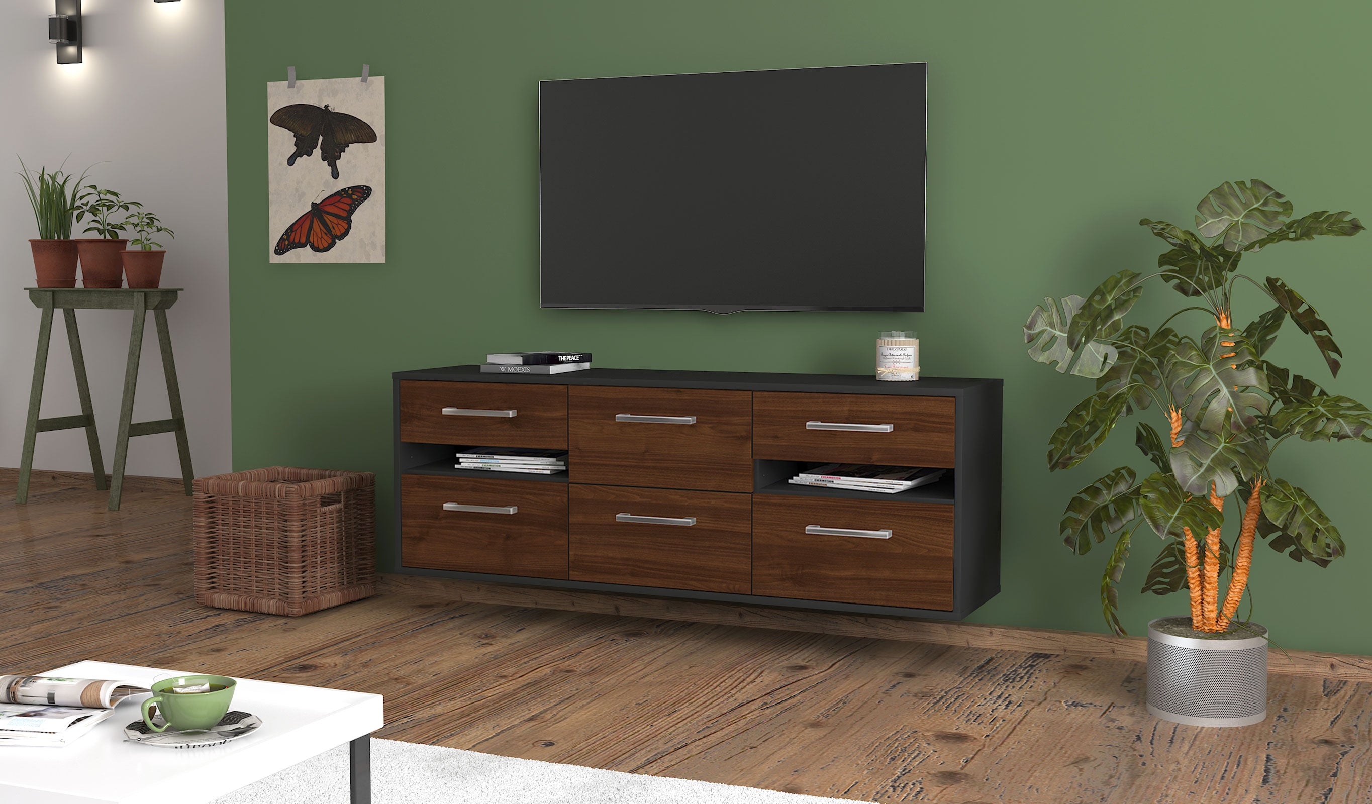 Lowboard - Andrea - Design Holzdekor - Wandmontage mit Griffe 136 cm Anthrazit