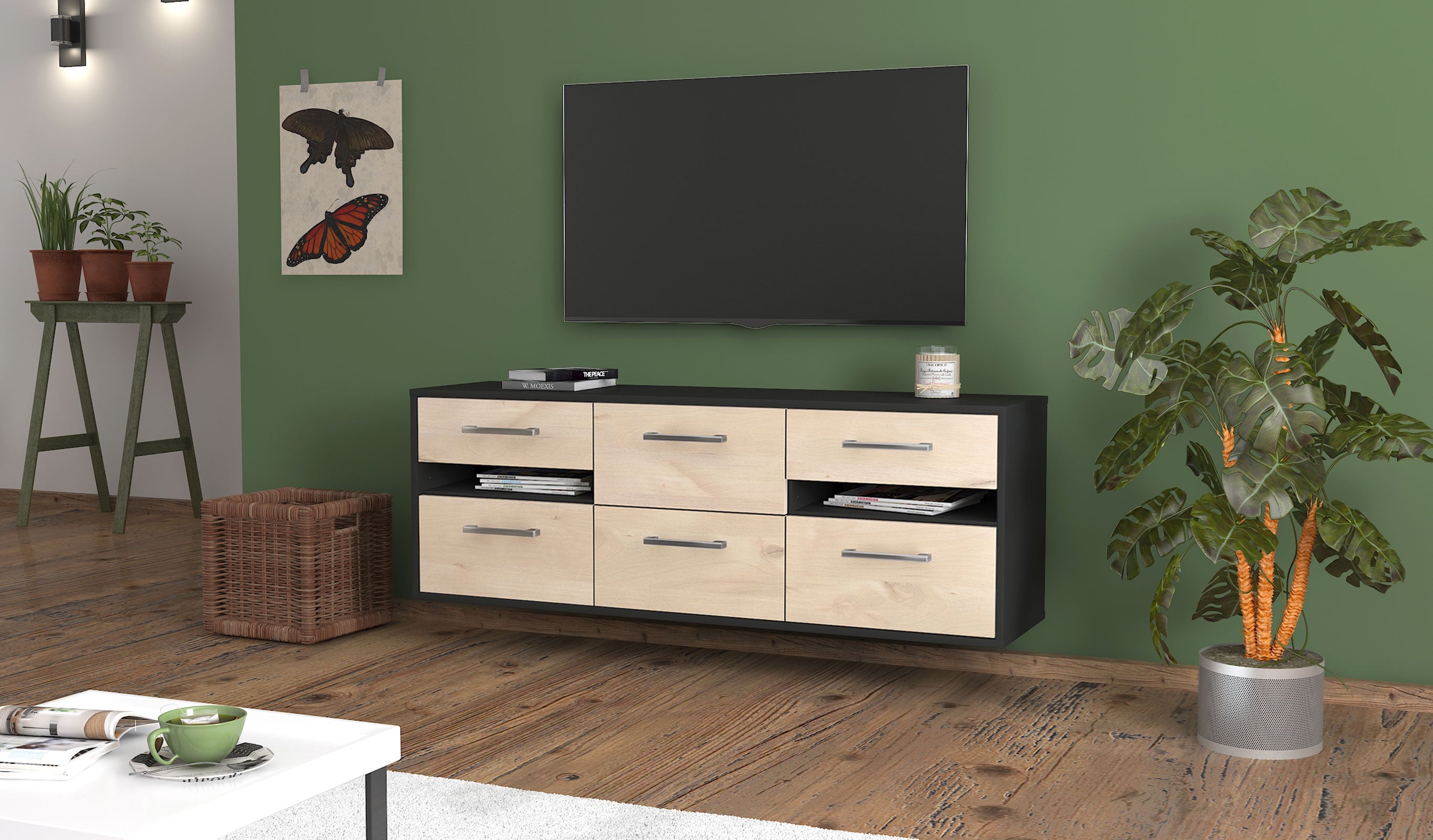 Lowboard - Andrea - Design Holzdekor - Wandmontage mit Griffe 136 cm Anthrazit
