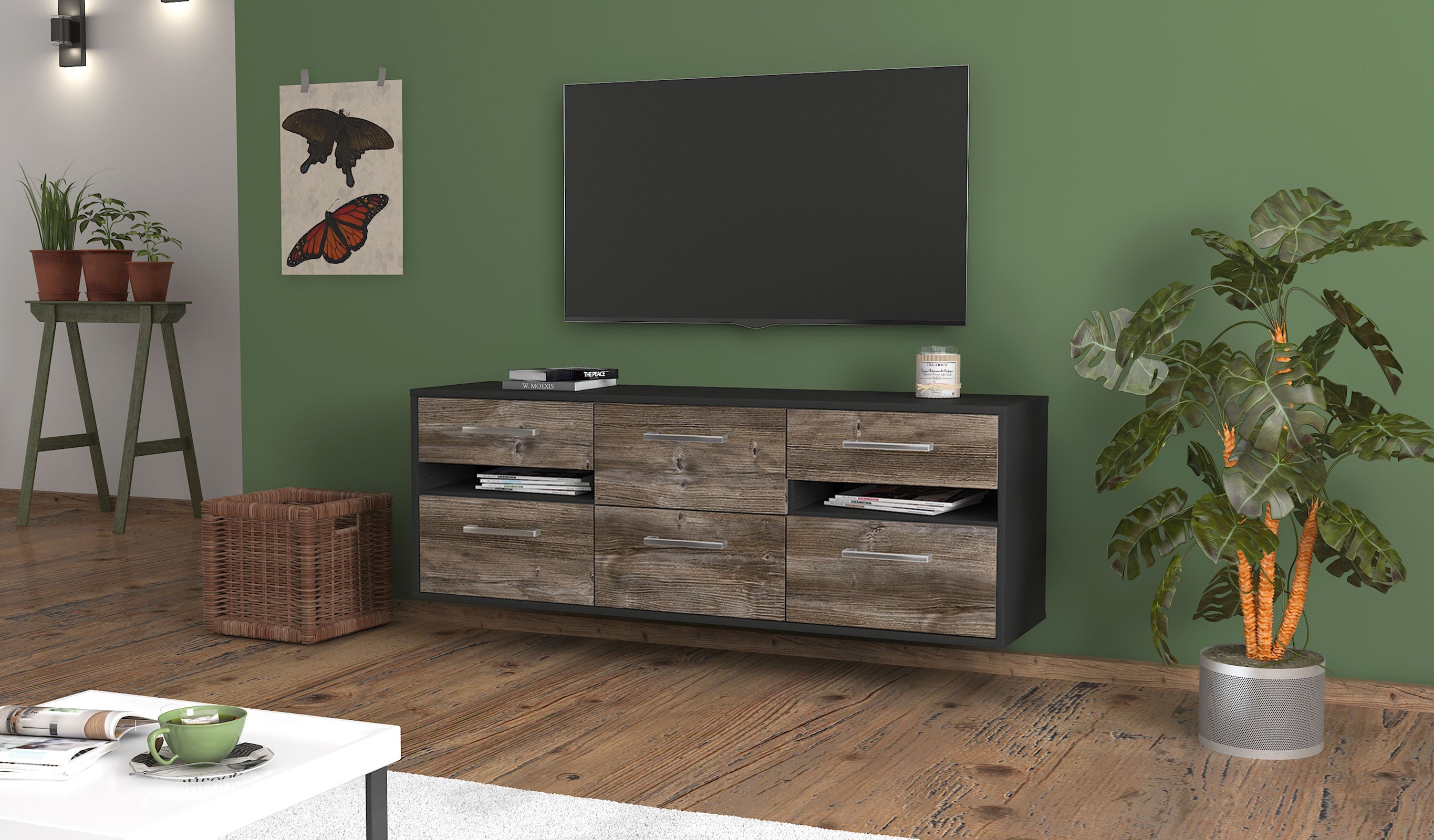 Lowboard - Andrea - Design Holzdekor - Wandmontage mit Griffe 136 cm Anthrazit