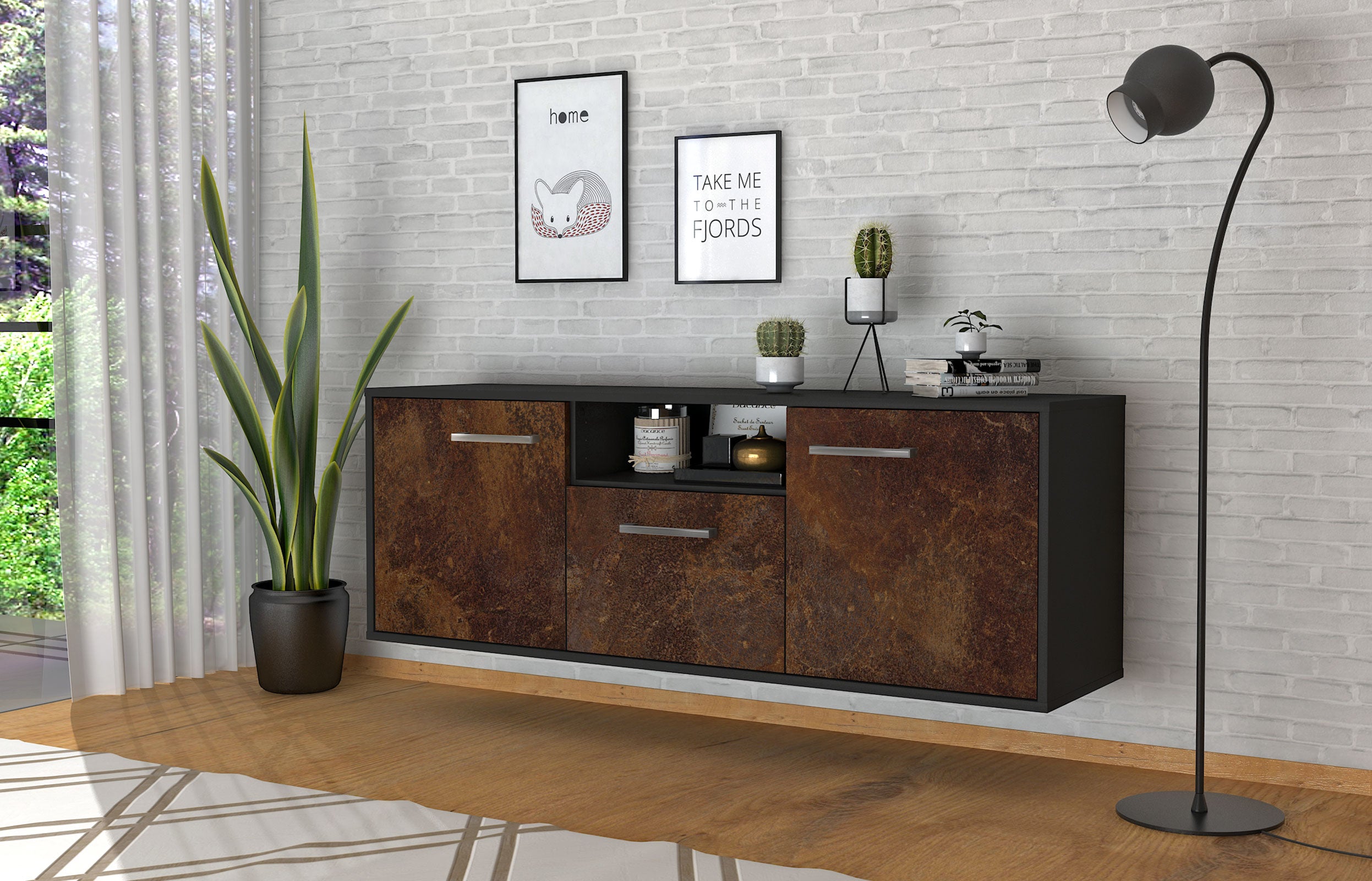 Lowboard - Andreana - Design Industrie Stil - Wandmontage mit Griffe 136 cm Anthrazit