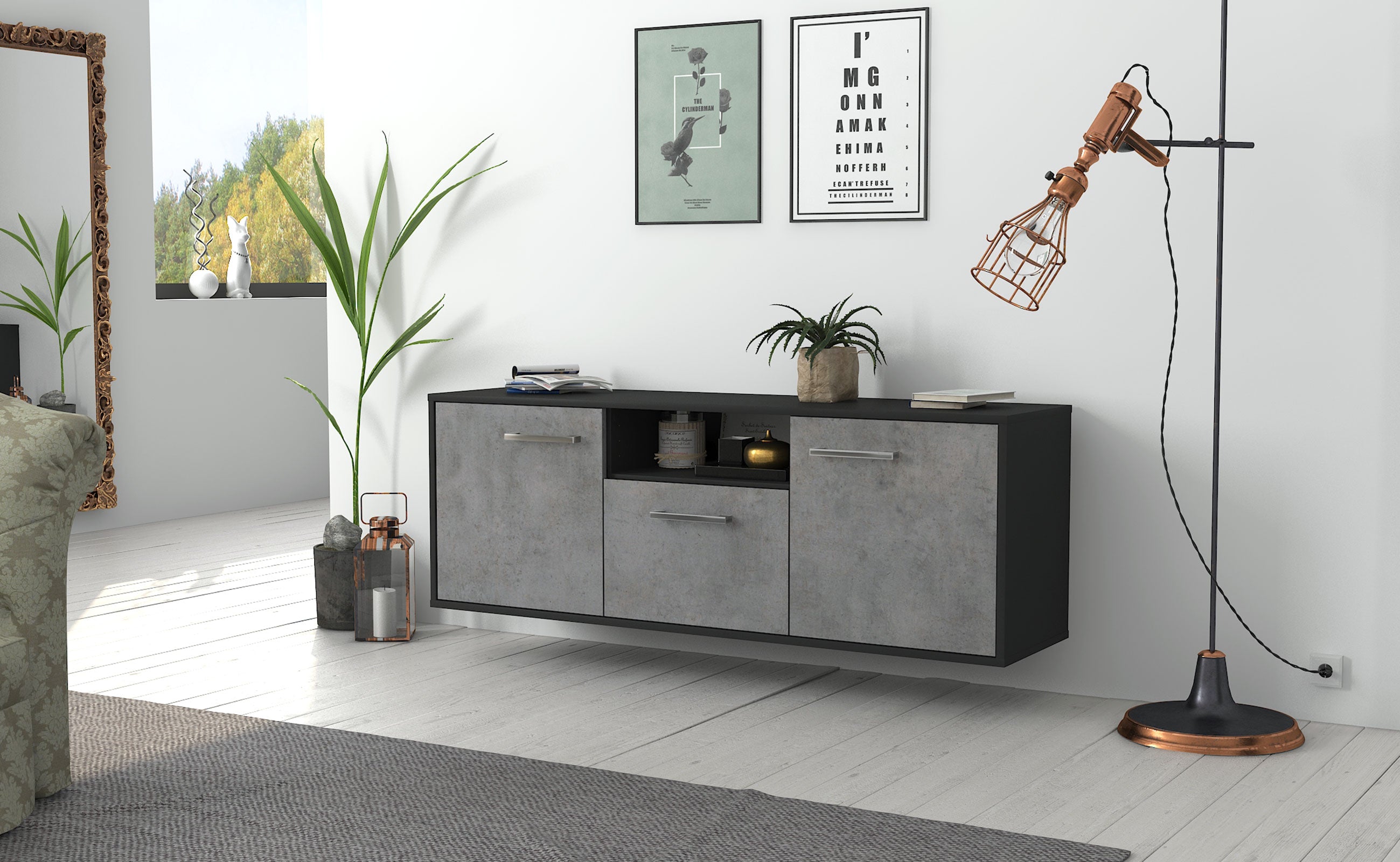 Lowboard - Andreana - Design Industrie Stil - Wandmontage mit Griffe 136 cm Anthrazit