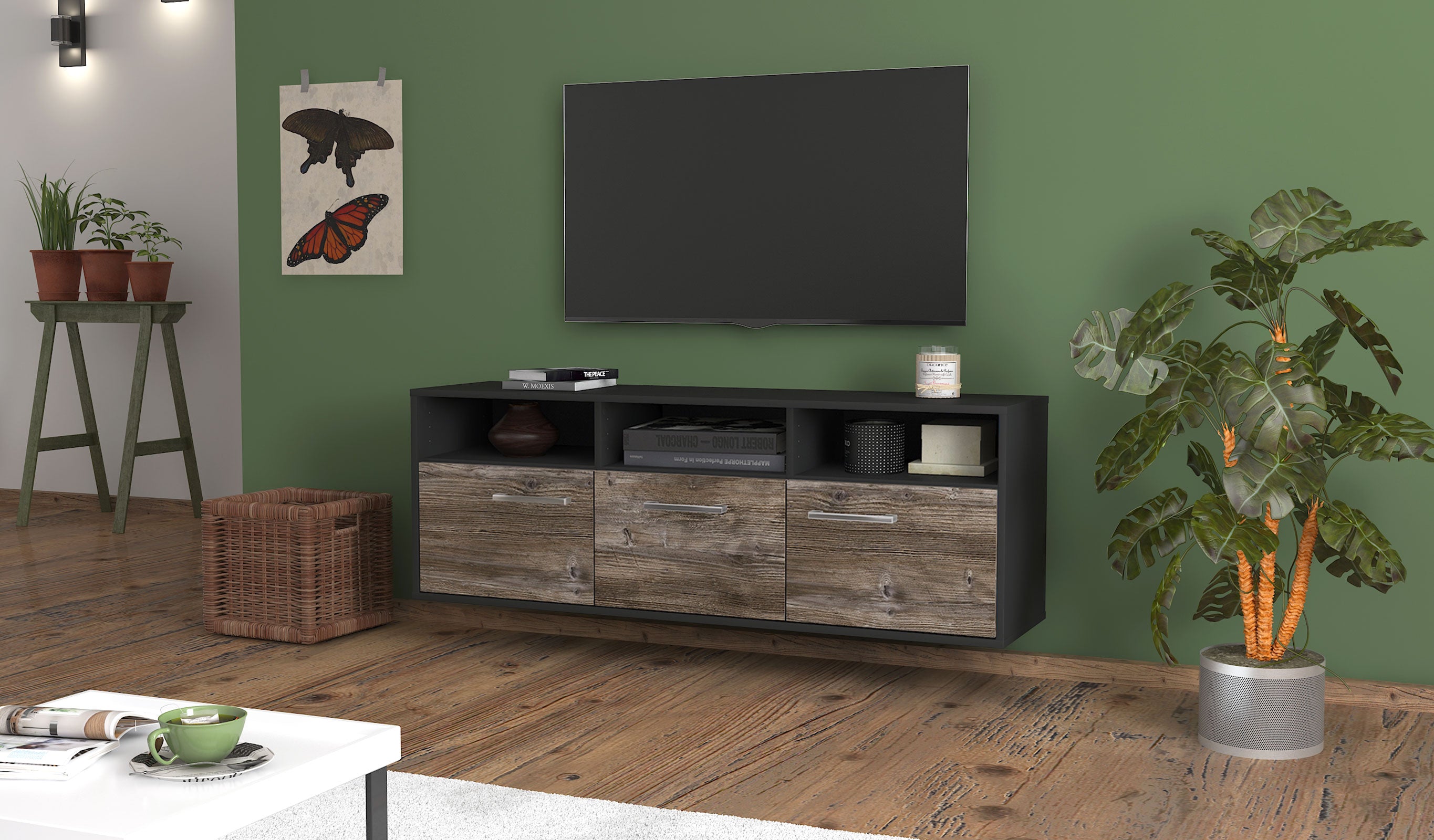 Lowboard - Andrina - Design Holzdekor - Wandmontage mit Griffe 136 cm Anthrazit