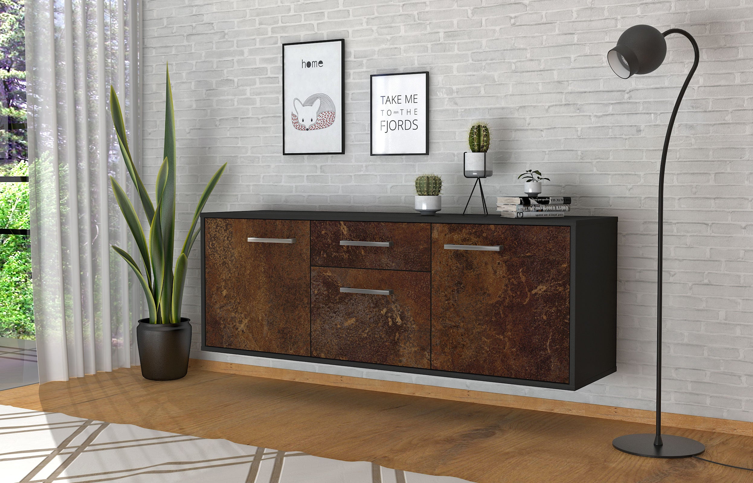 Lowboard - Anella - Design Industrie Stil - Wandmontage mit Griffe 136 cm Anthrazit