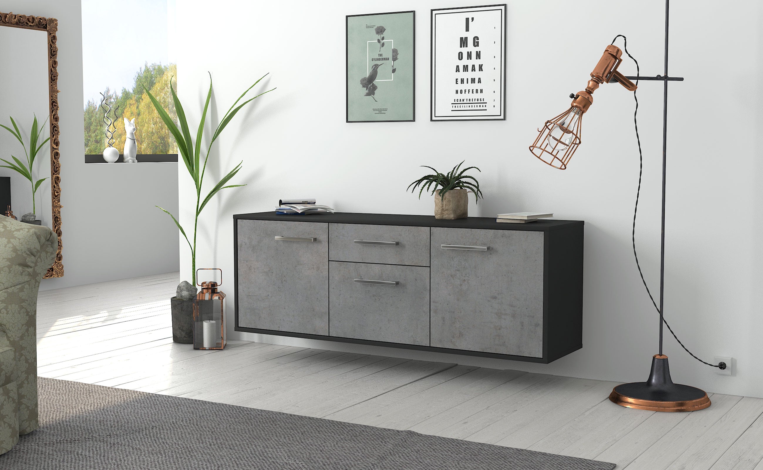 Lowboard - Anella - Design Industrie Stil - Wandmontage mit Griffe 136 cm Anthrazit