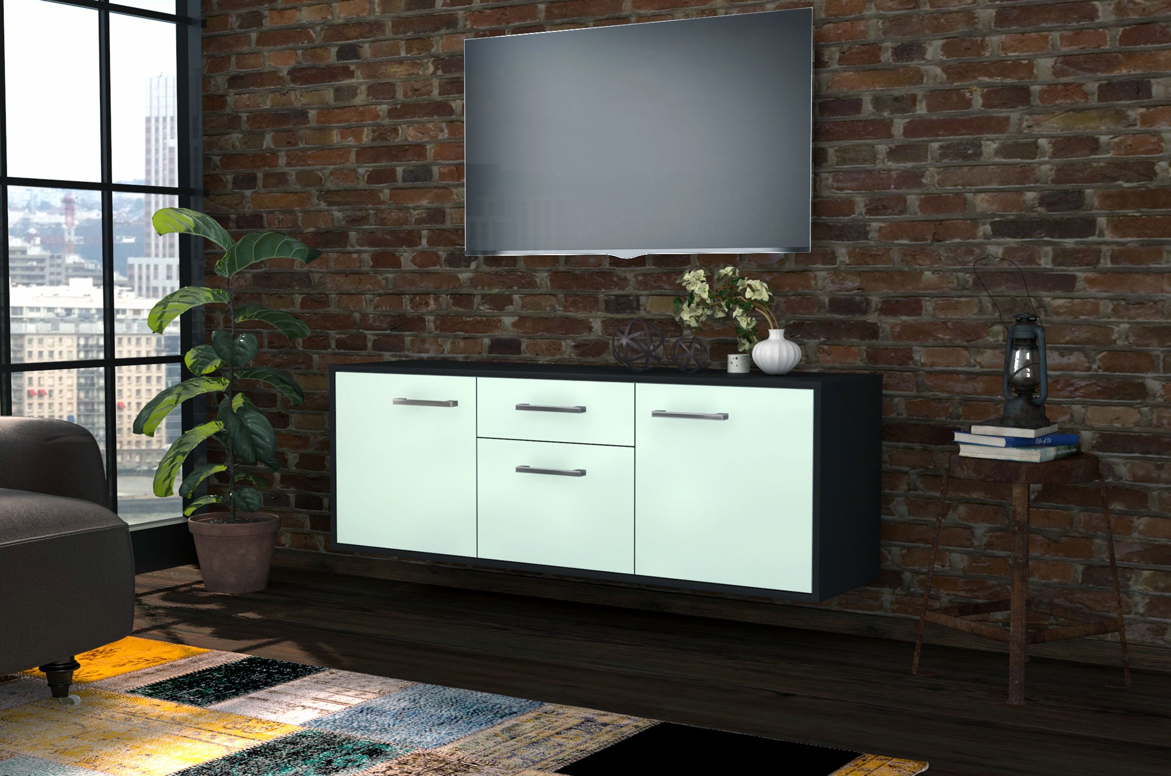 Lowboard - Anella - Design Farbakzent - Wandmontage mit Griffe 136 cm Anthrazit