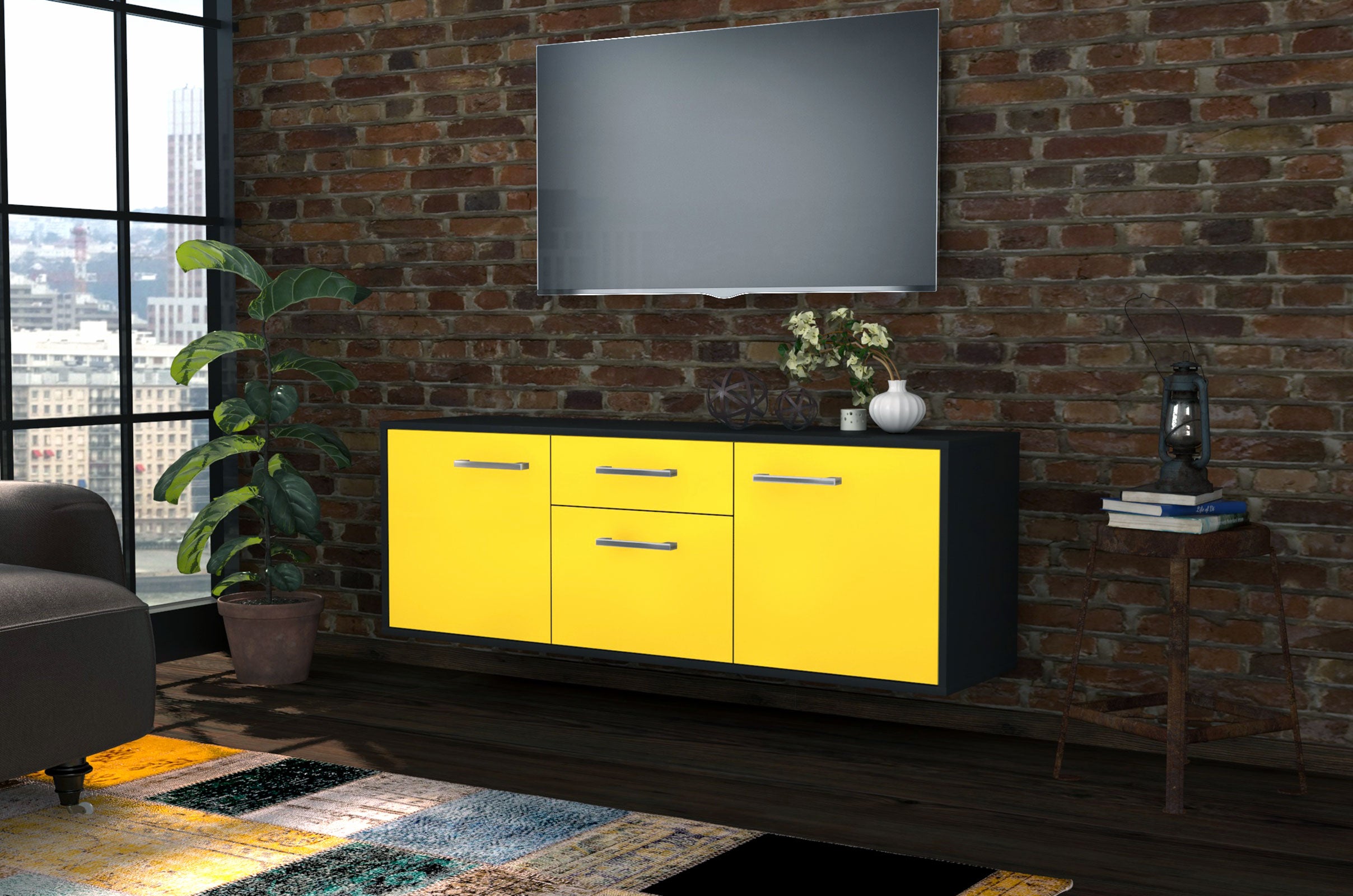 Lowboard - Anella - Design Farbakzent - Wandmontage mit Griffe 136 cm Anthrazit
