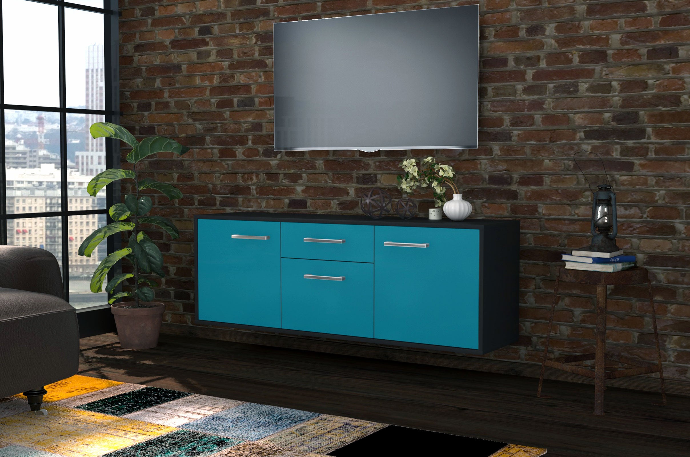 Lowboard - Anella - Design Farbakzent - Wandmontage mit Griffe 136 cm Anthrazit