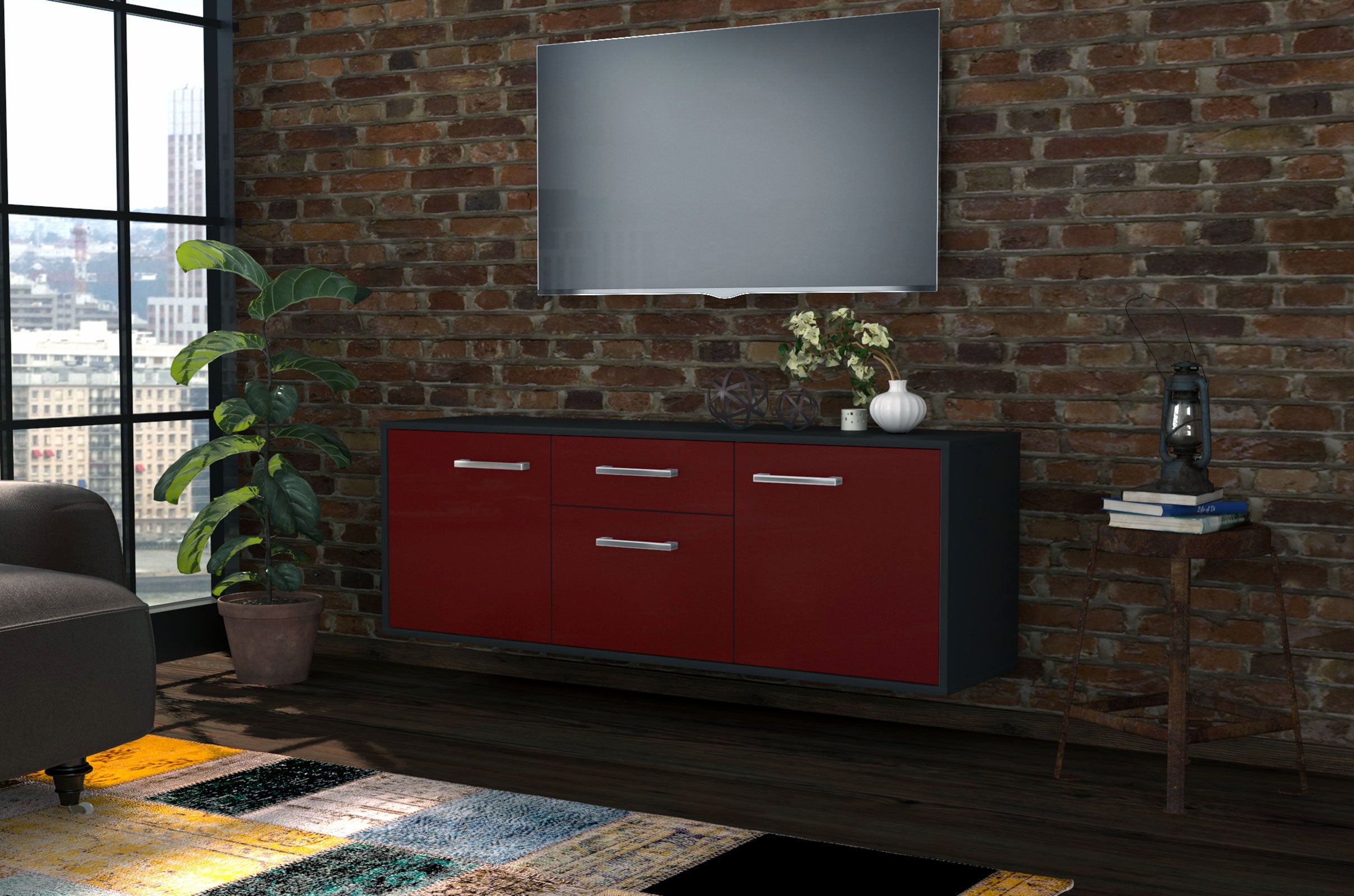 Lowboard - Anella - Design Farbakzent - Wandmontage mit Griffe 136 cm Anthrazit