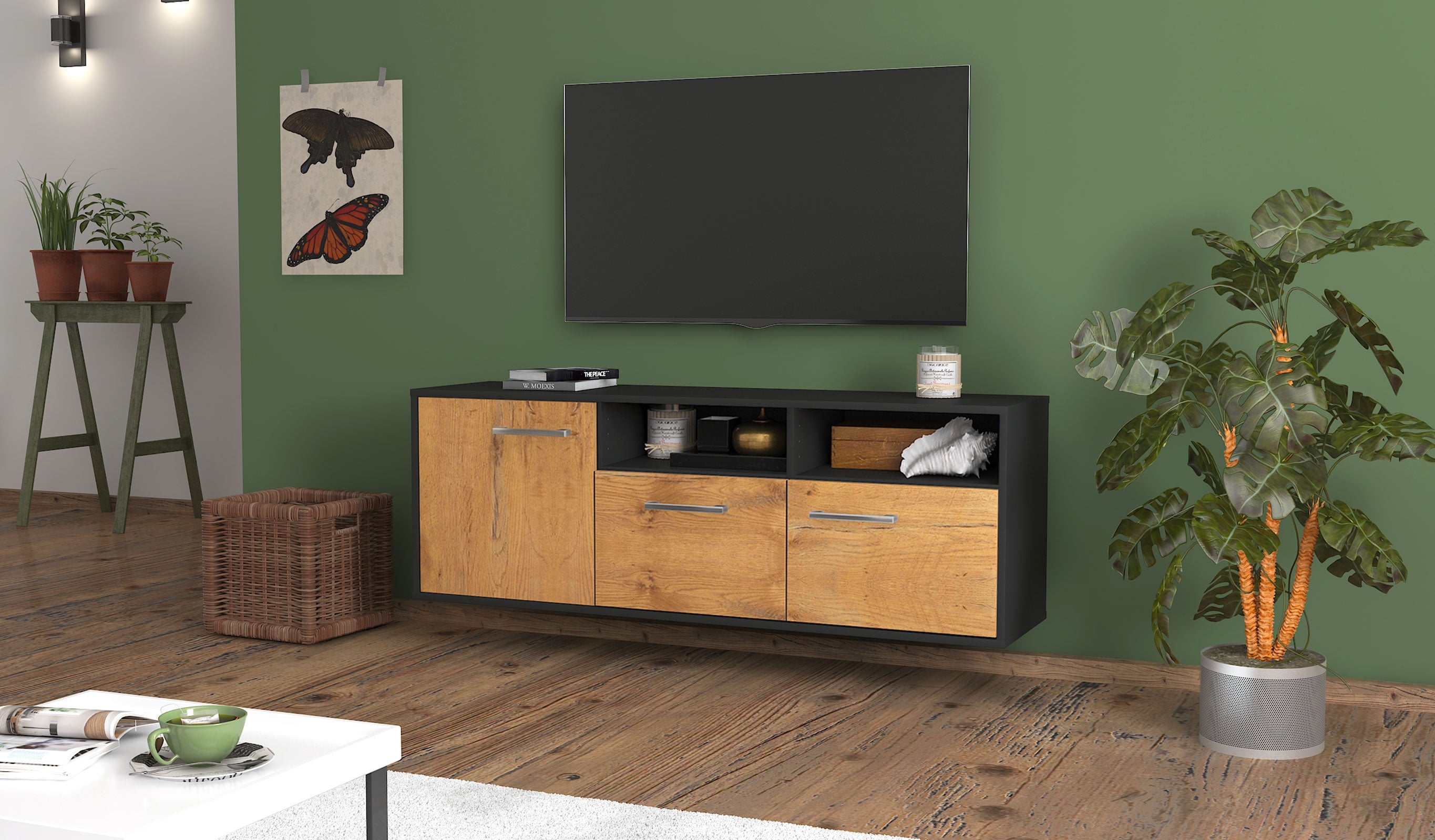 Lowboard - Angelina - Design Holzdekor - Wandmontage mit Griffe 136 cm Anthrazit