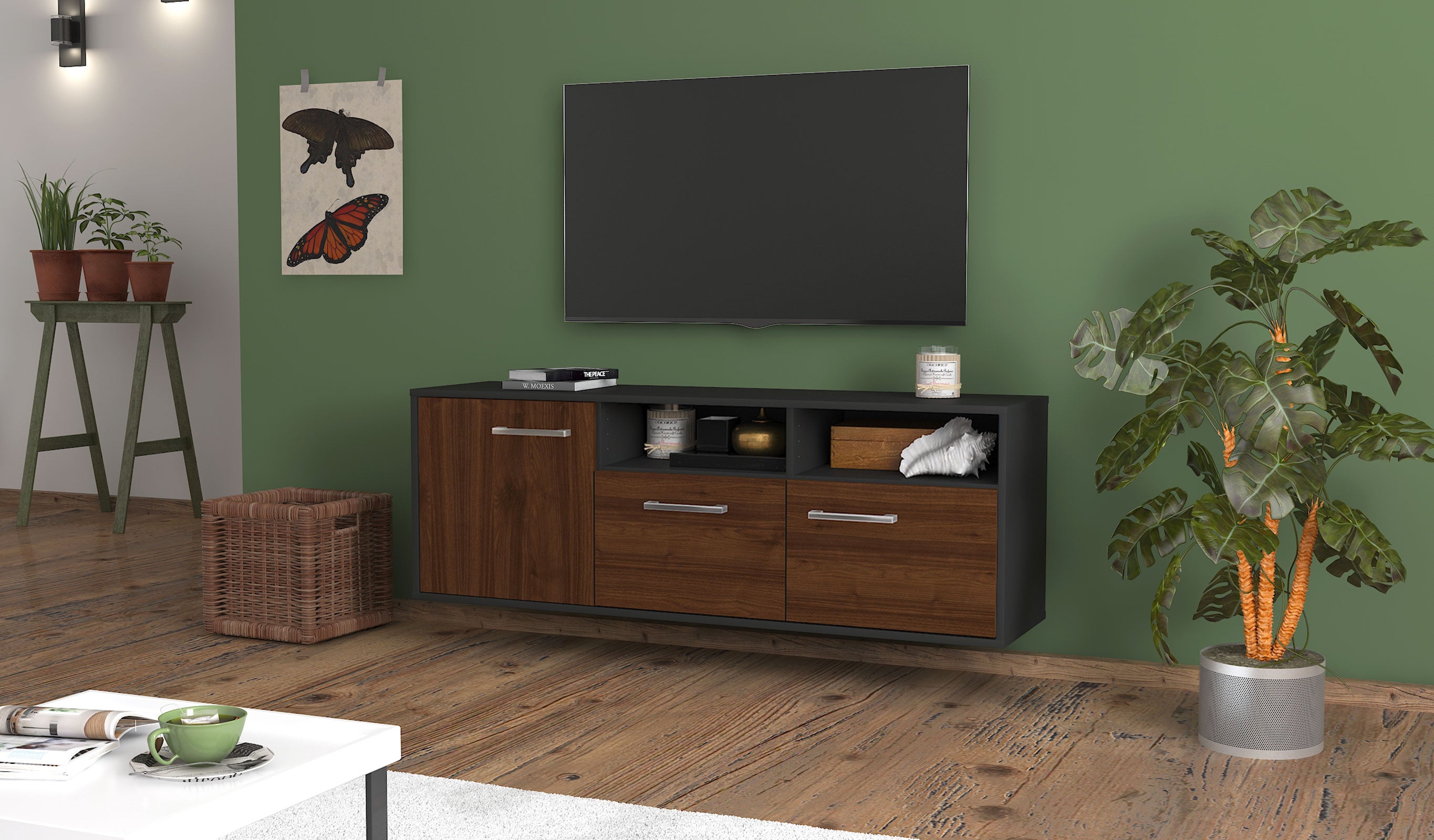 Lowboard - Angelina - Design Holzdekor - Wandmontage mit Griffe 136 cm Anthrazit