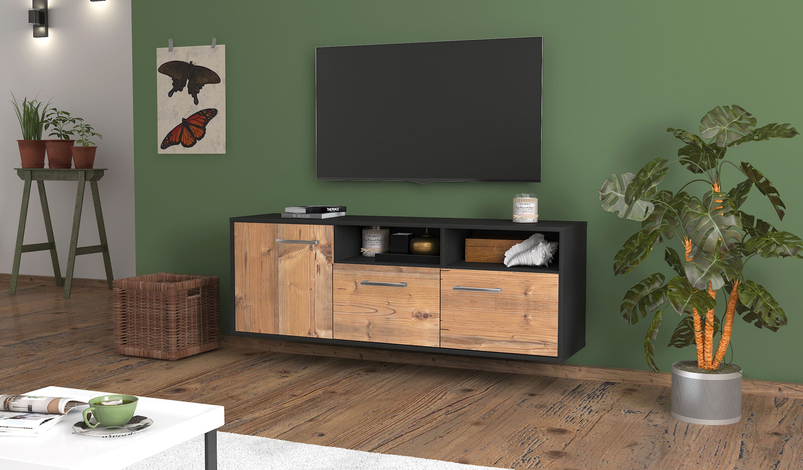 Lowboard - Angelina - Design Holzdekor - Wandmontage mit Griffe 136 cm Anthrazit