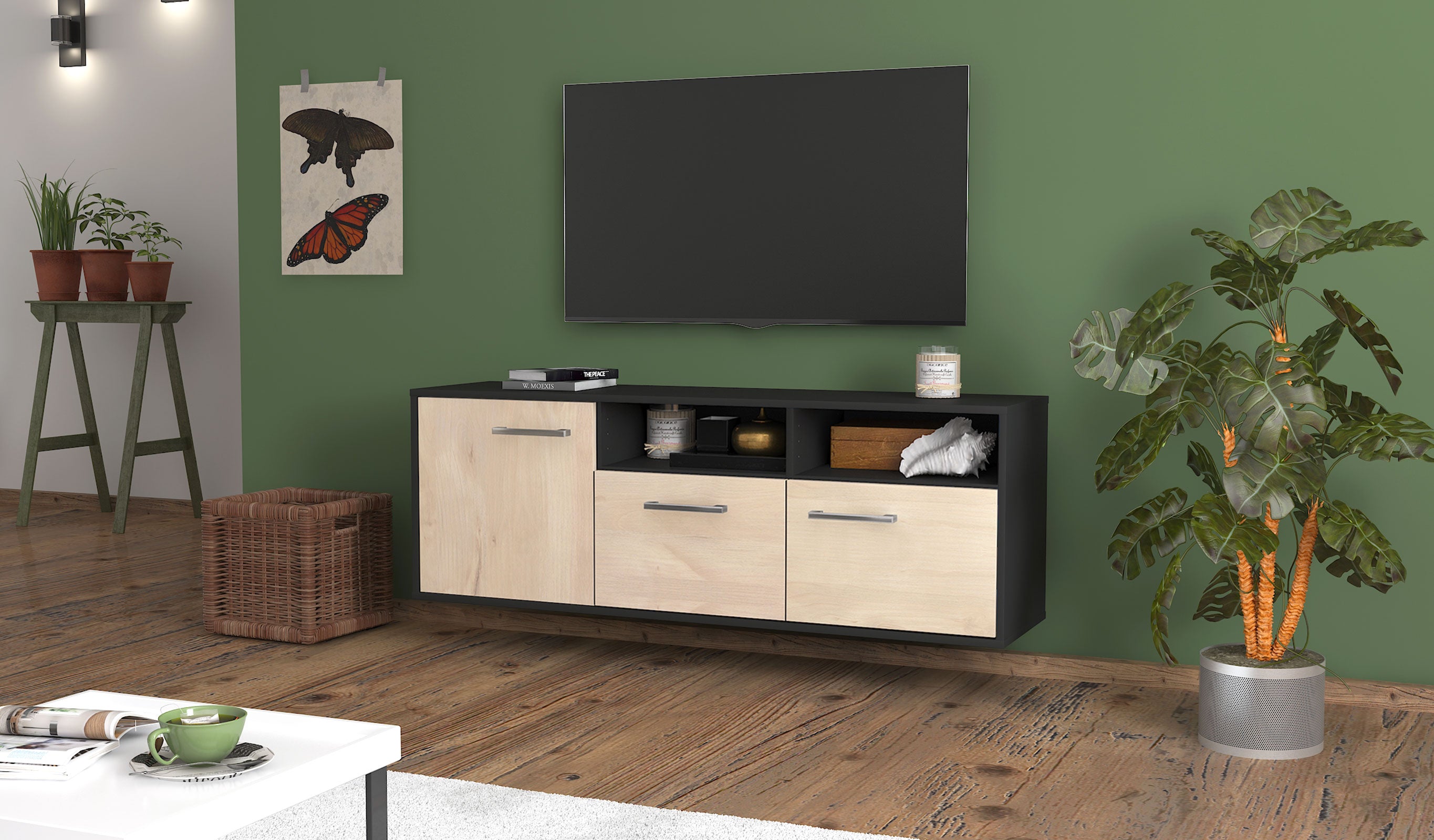Lowboard - Angelina - Design Holzdekor - Wandmontage mit Griffe 136 cm Anthrazit