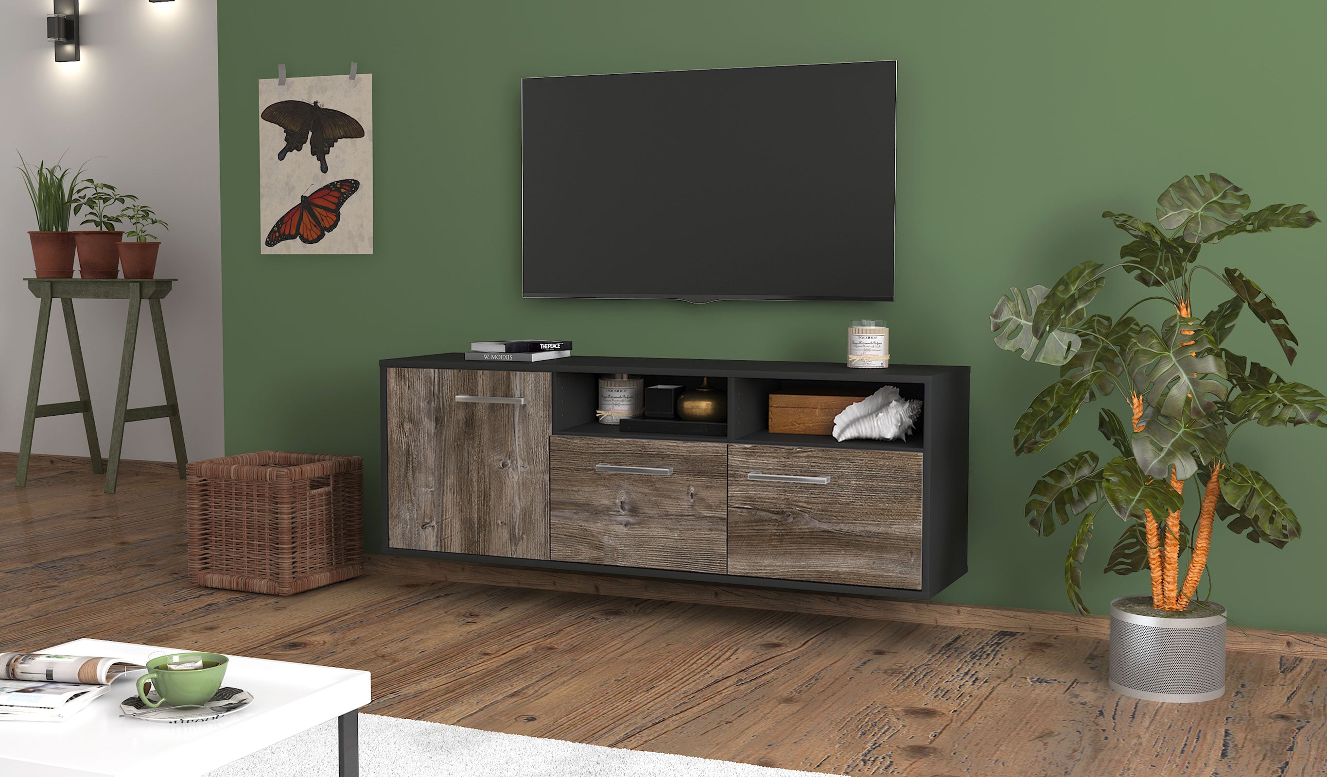 Lowboard - Angelina - Design Holzdekor - Wandmontage mit Griffe 136 cm Anthrazit
