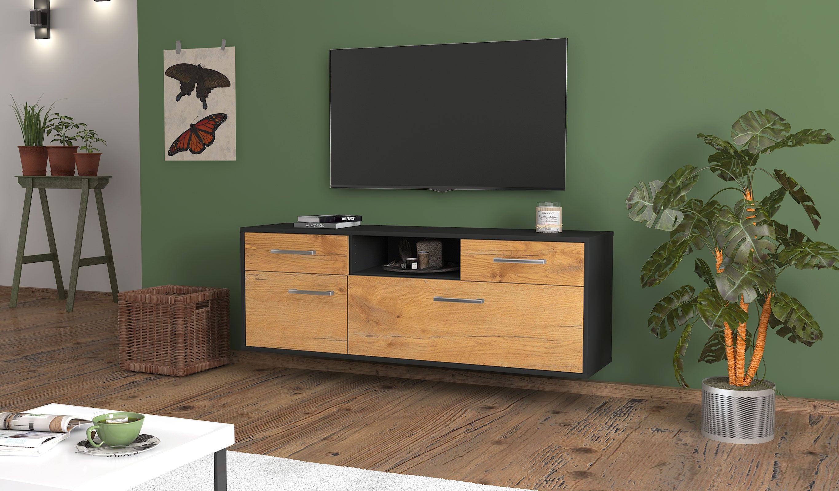 Lowboard - Anita - Design Holzdekor - Wandmontage mit Griffe 136 cm Anthrazit