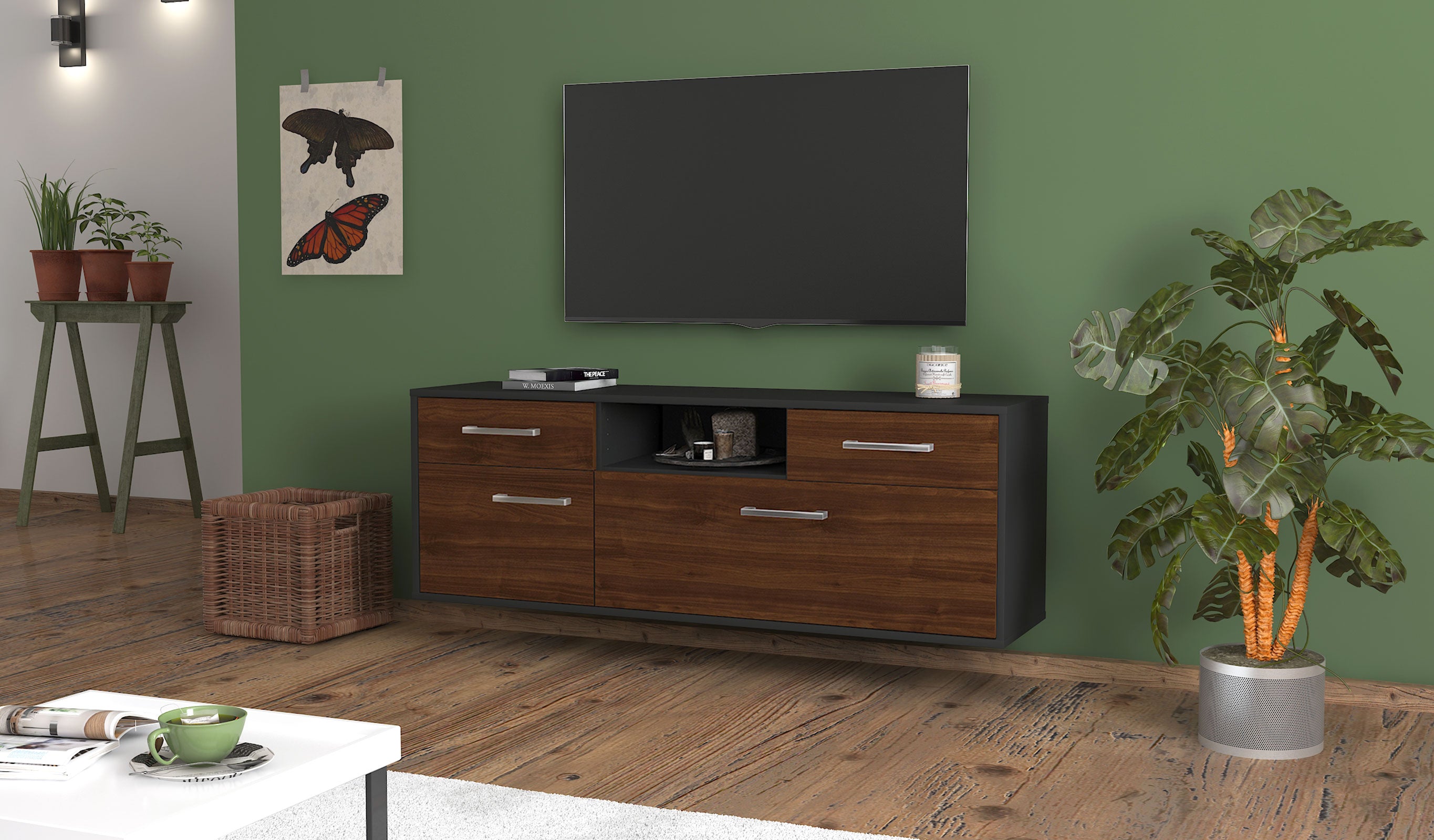 Lowboard - Anita - Design Holzdekor - Wandmontage mit Griffe 136 cm Anthrazit