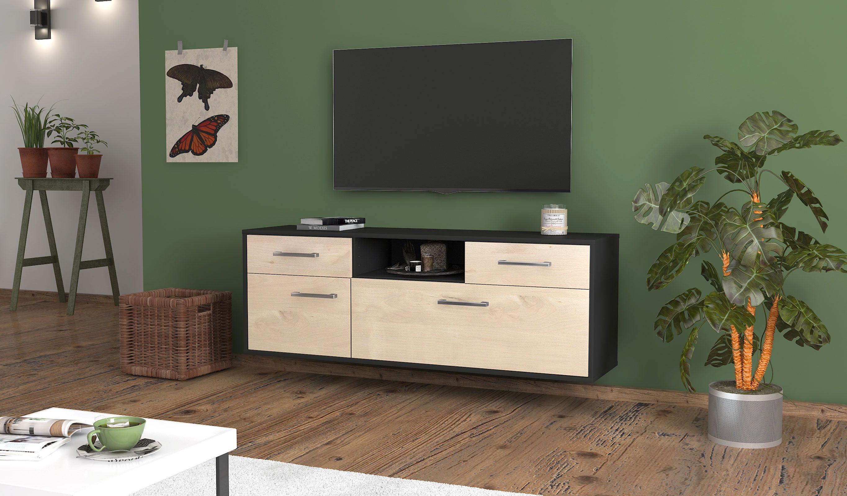 Lowboard - Anita - Design Holzdekor - Wandmontage mit Griffe 136 cm Anthrazit