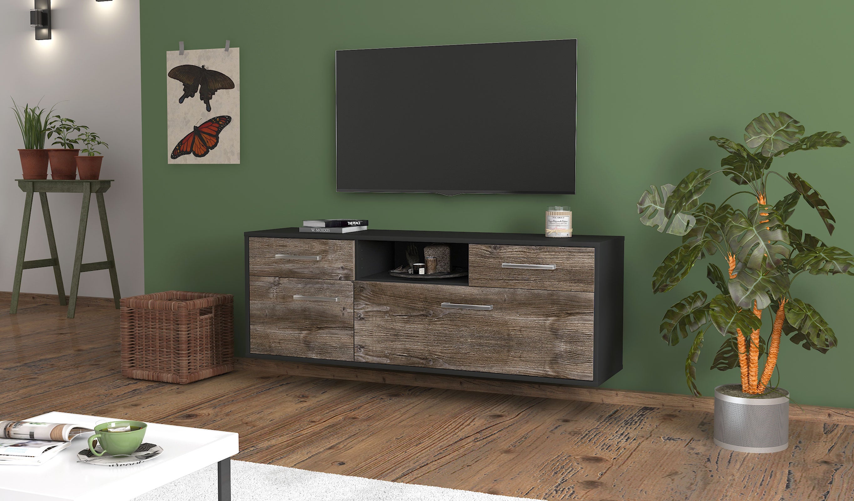 Lowboard - Anita - Design Holzdekor - Wandmontage mit Griffe 136 cm Anthrazit