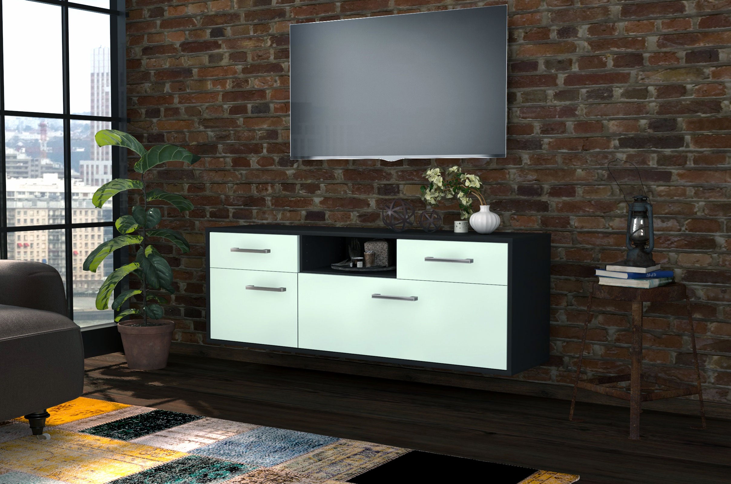 Lowboard - Anita - Design Farbakzent - Wandmontage mit Griffe 136 cm Anthrazit