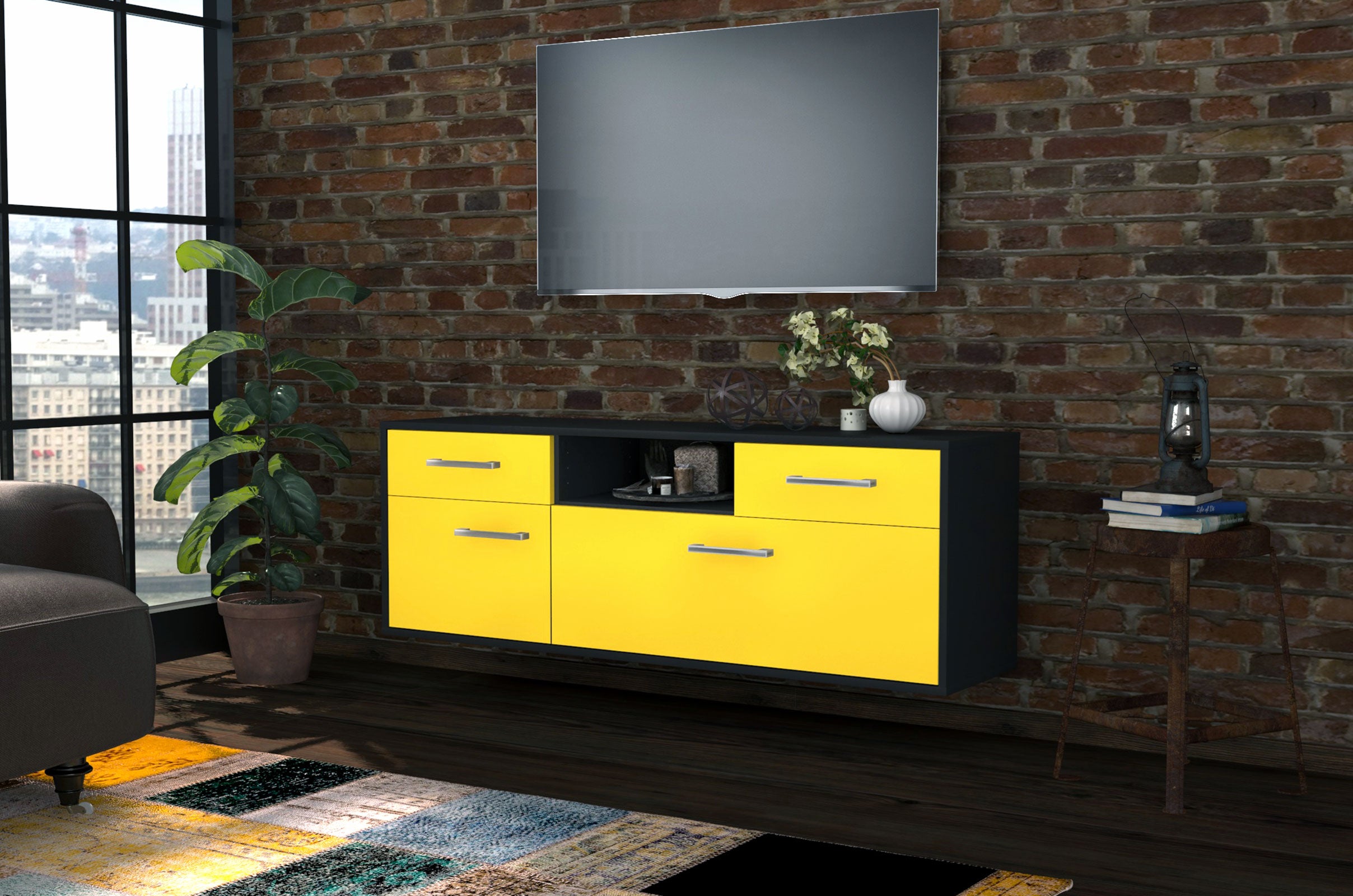 Lowboard - Anita - Design Farbakzent - Wandmontage mit Griffe 136 cm Anthrazit