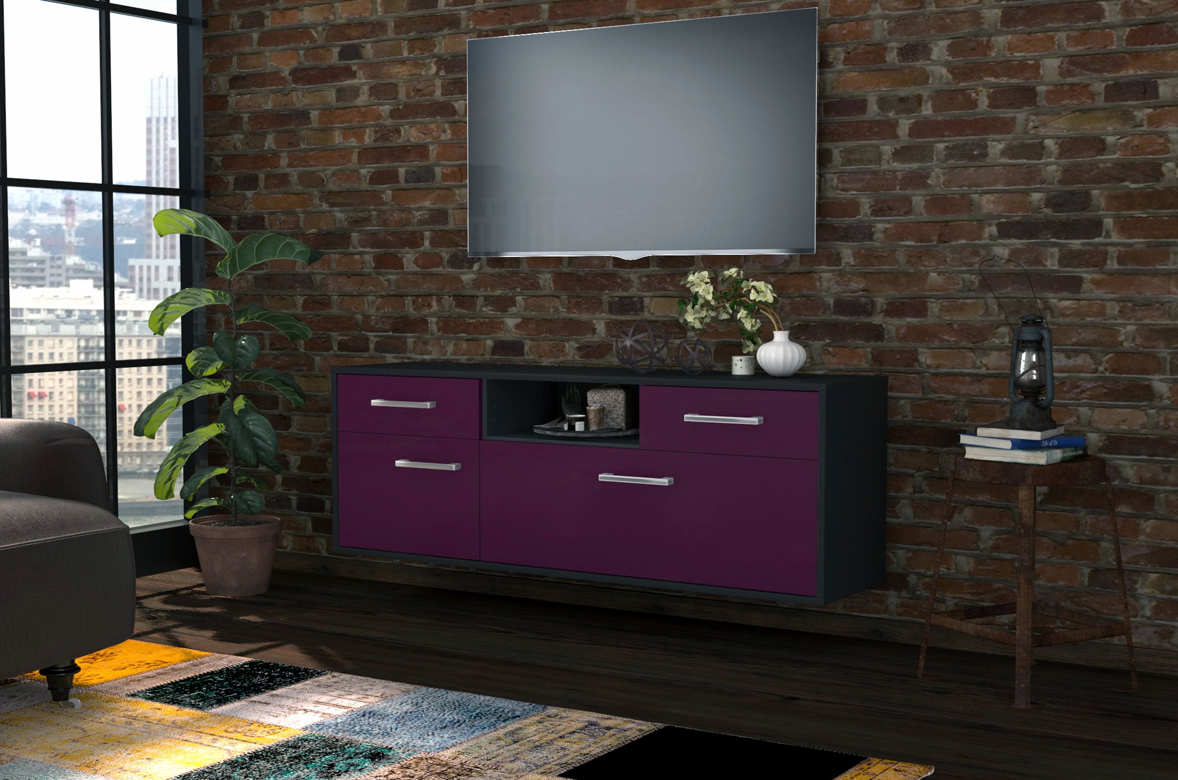 Lowboard - Anita - Design Farbakzent - Wandmontage mit Griffe 136 cm Anthrazit