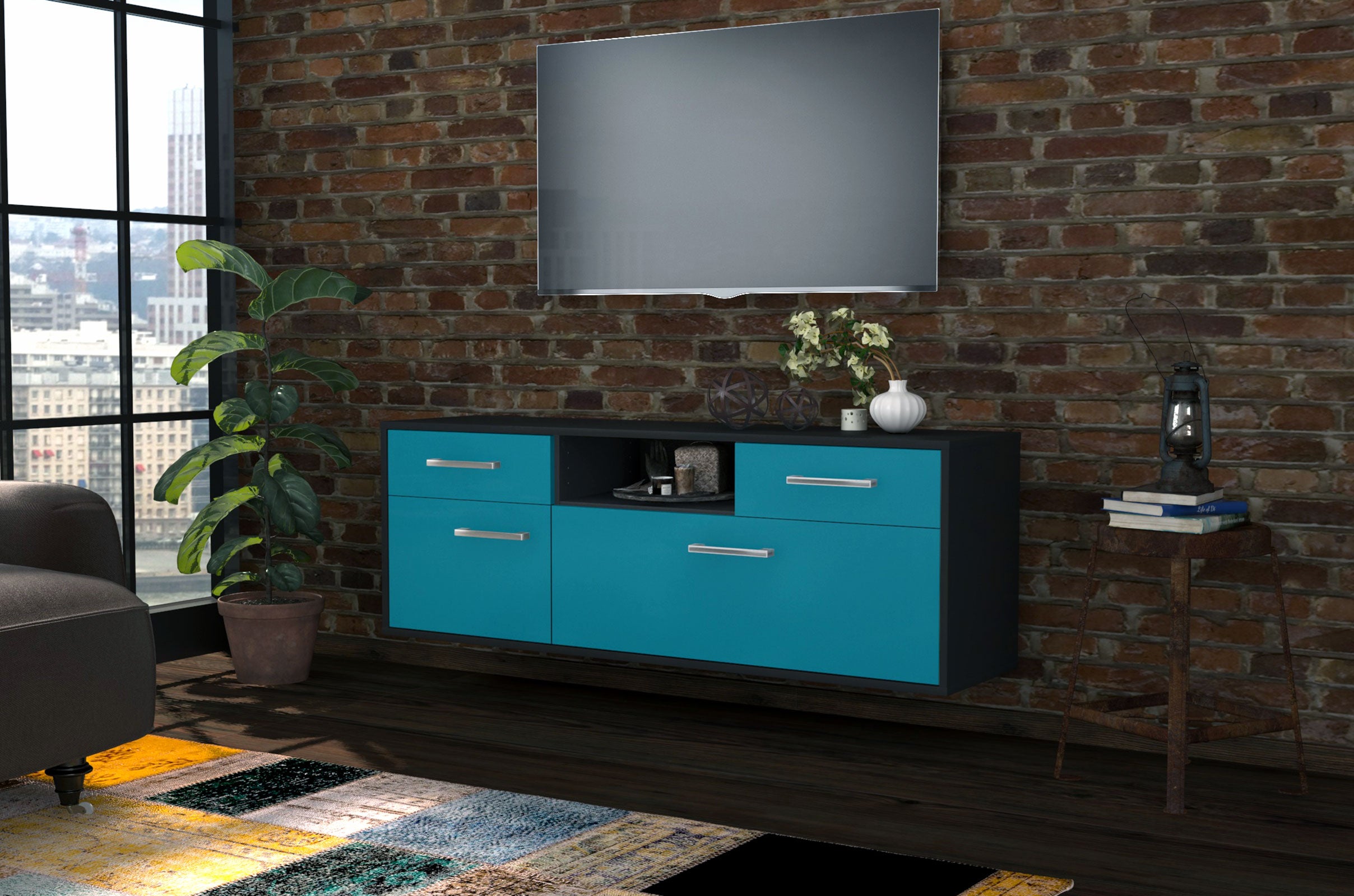 Lowboard - Anita - Design Farbakzent - Wandmontage mit Griffe 136 cm Anthrazit