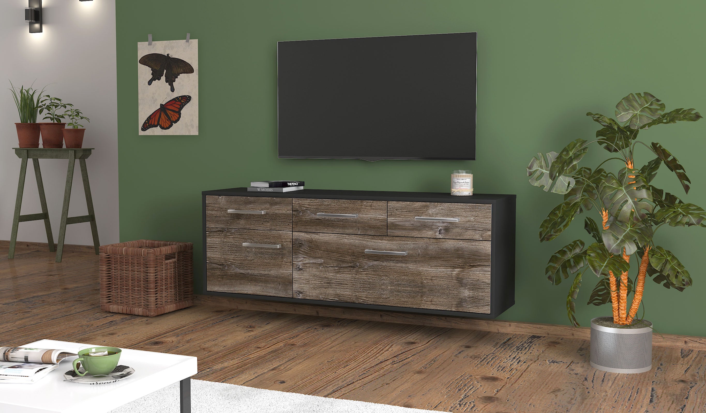 Lowboard - Anjelika - Design Holzdekor - Wandmontage mit Griffe 136 cm Anthrazit