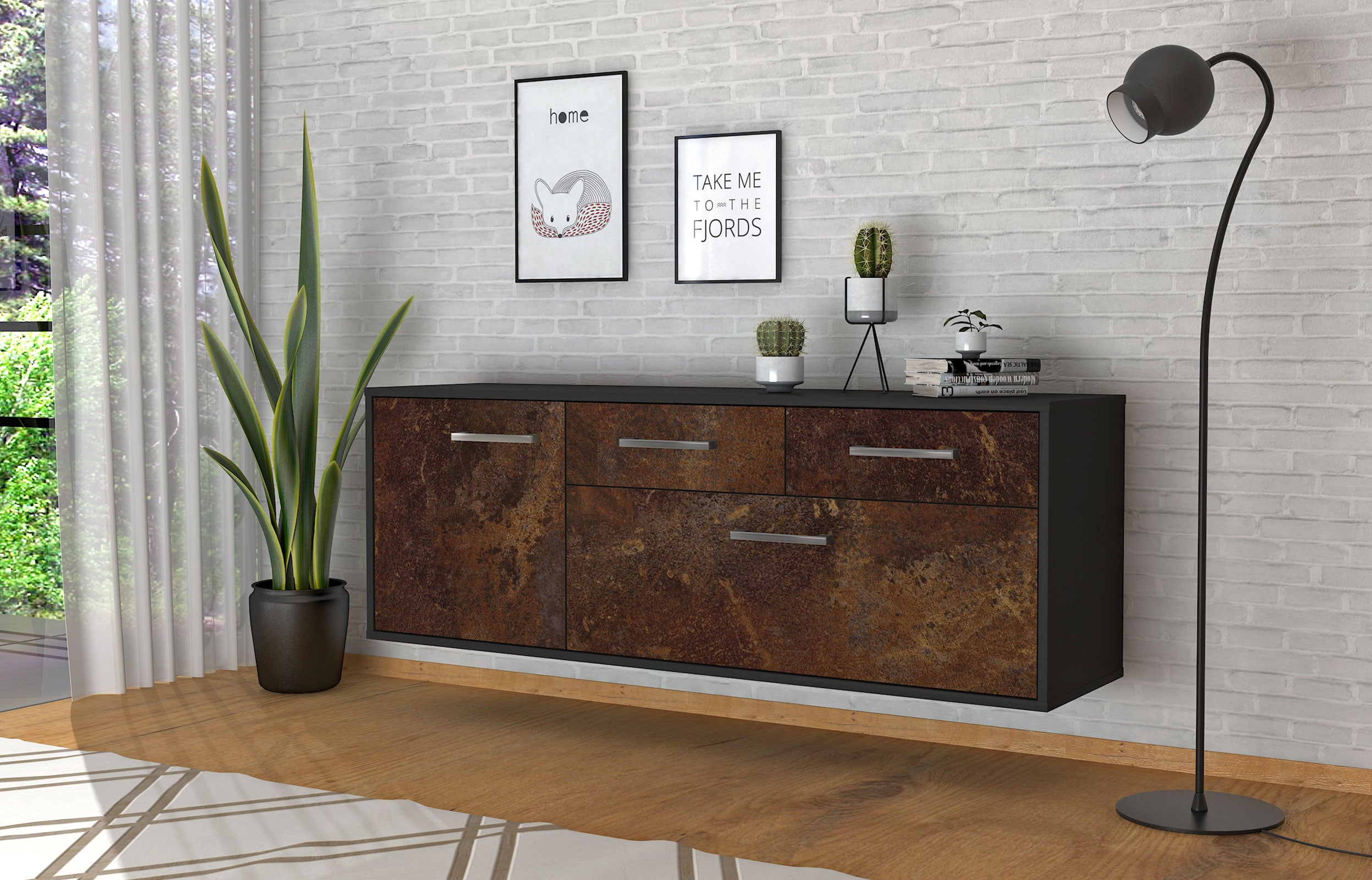 Lowboard - Annabell - Design Industrie Stil - Wandmontage mit Griffe 136 cm Anthrazit