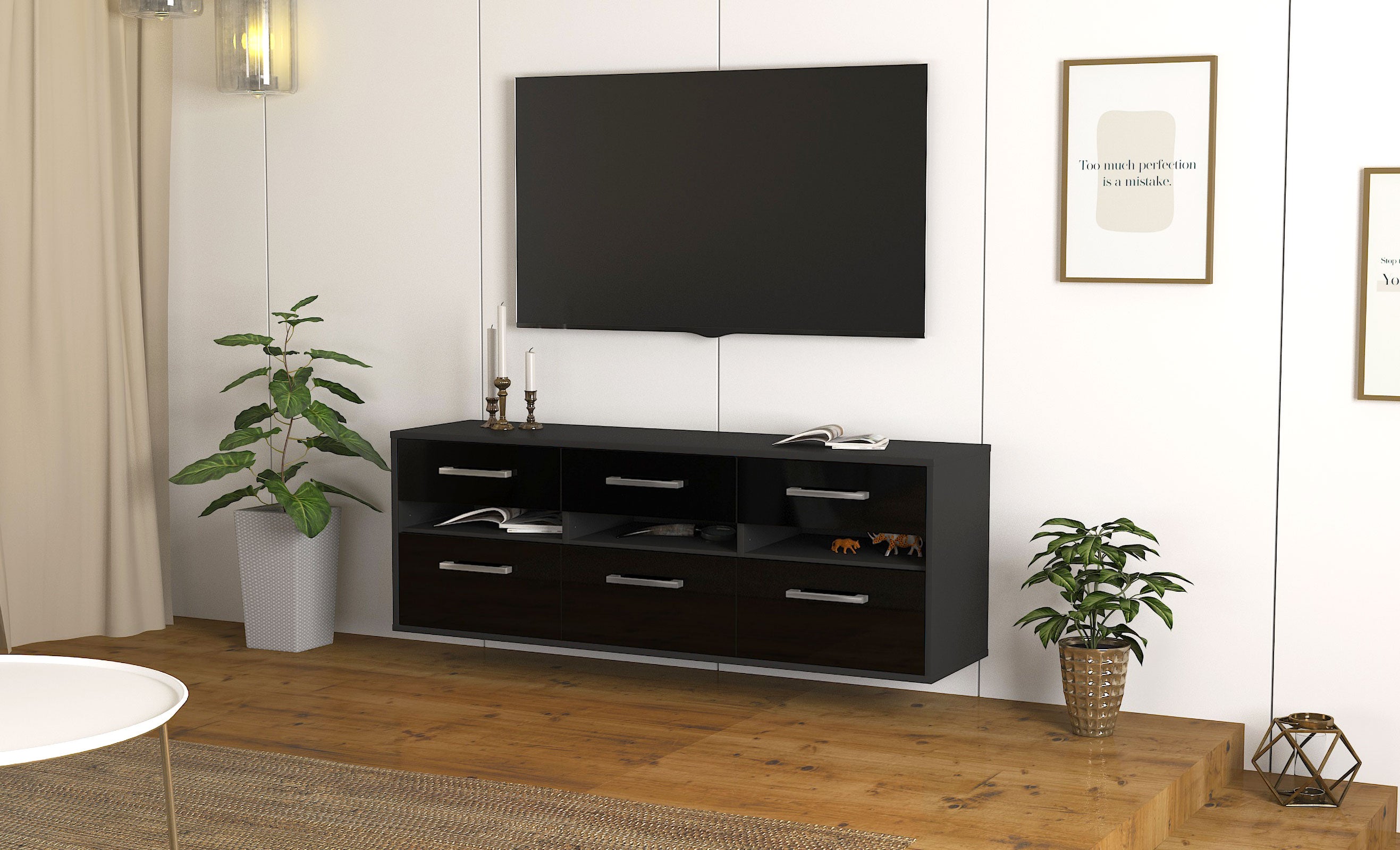 Lowboard - Annalena - Design Hochglanz - Wandmontage mit Griffe 136 cm Anthrazit