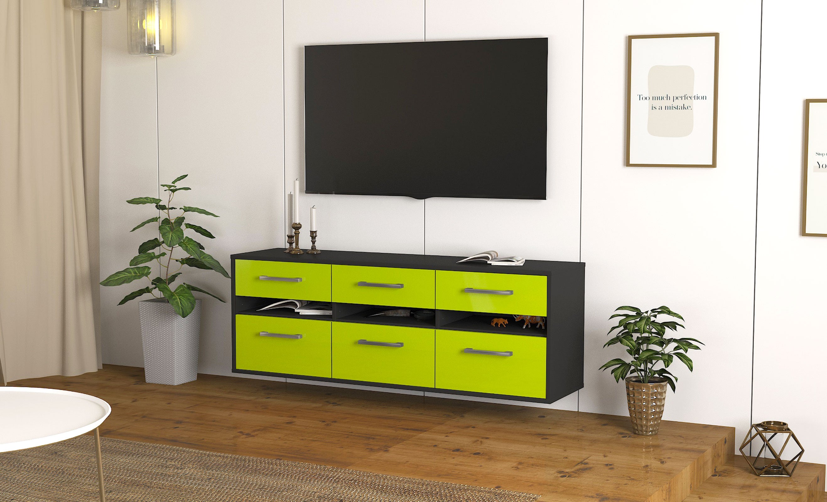 Lowboard - Annalena - Design Hochglanz - Wandmontage mit Griffe 136 cm Anthrazit