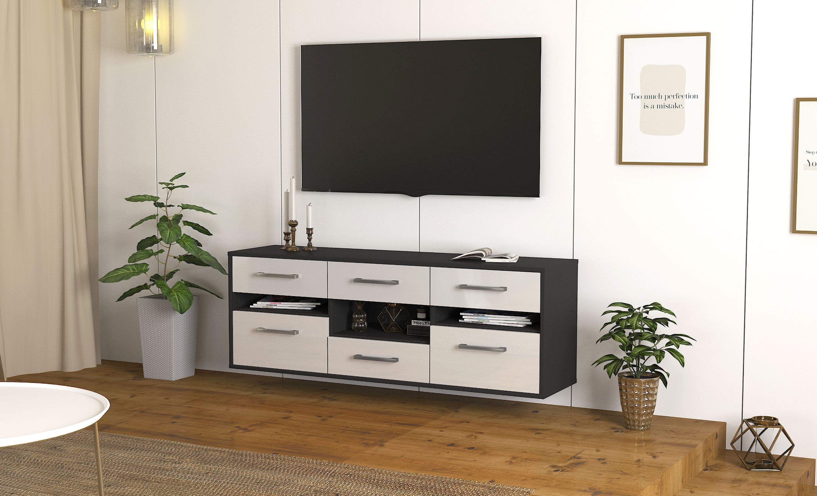 Lowboard - Annamaria - Design Hochglanz - Wandmontage mit Griffe 136 cm Anthrazit