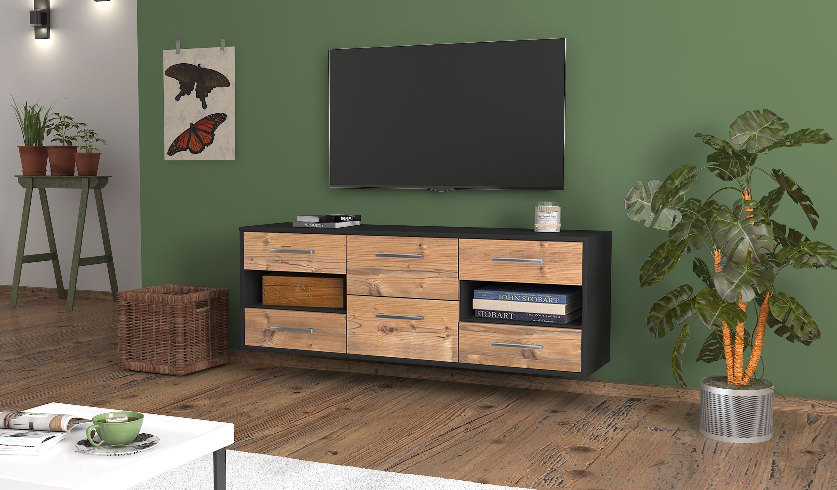 Lowboard - Anni - Design Holzdekor - Wandmontage mit Griffe 136 cm Anthrazit